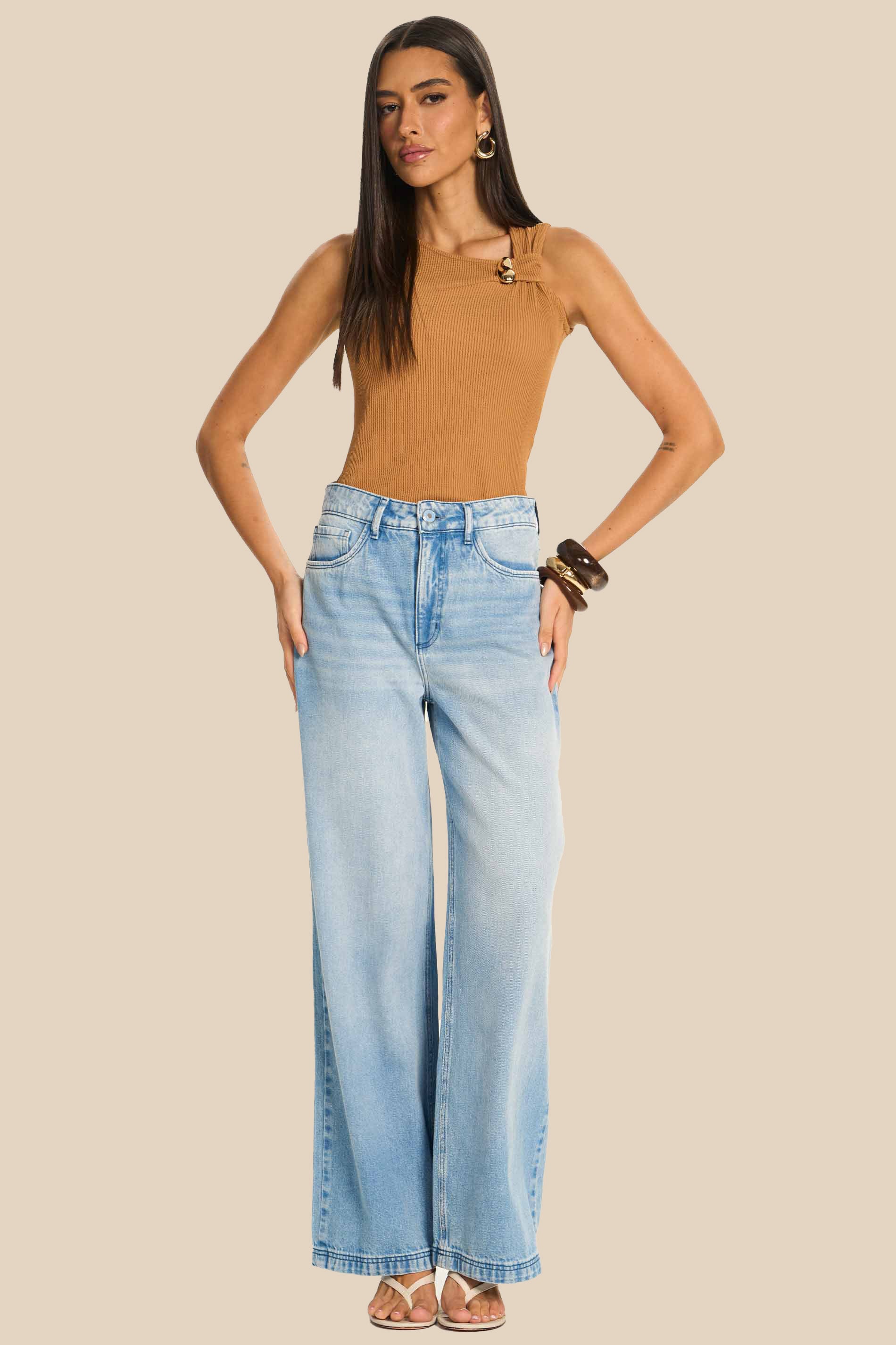 Calça Wide Leg Jeans Claro Cintura Alta Rosa - Doce Trama