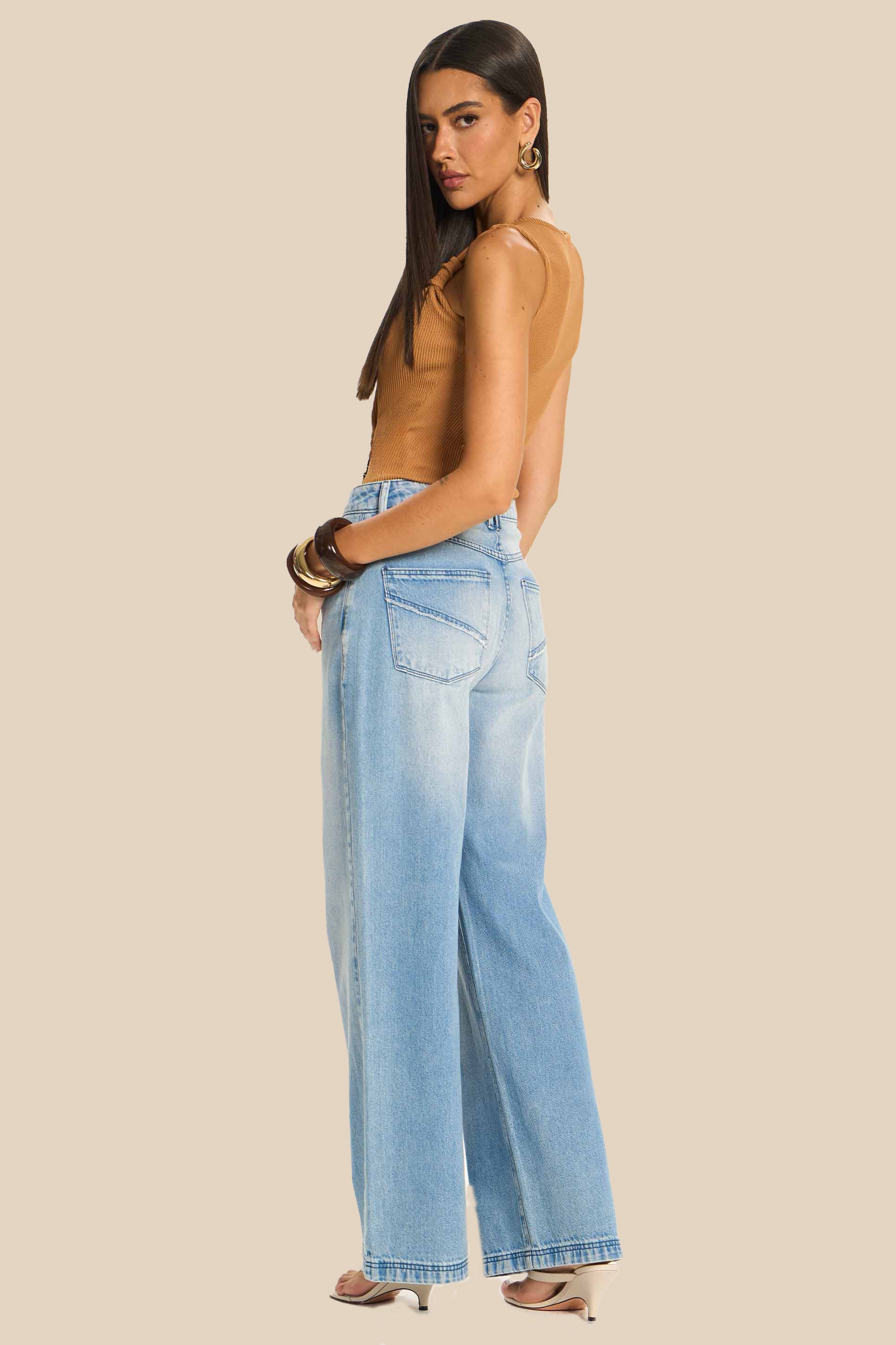 Calça Wide Leg Jeans Claro Cintura Alta Rosa - Doce Trama