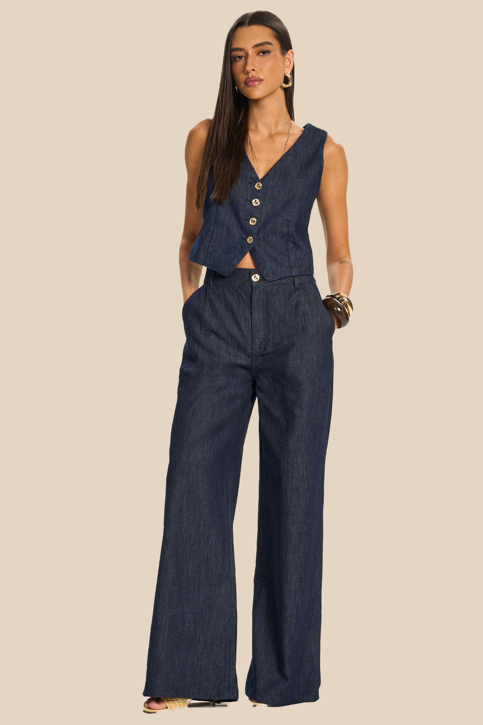 Calça Palazzo Jeans Cintura Alta Miragem - Doce Trama
