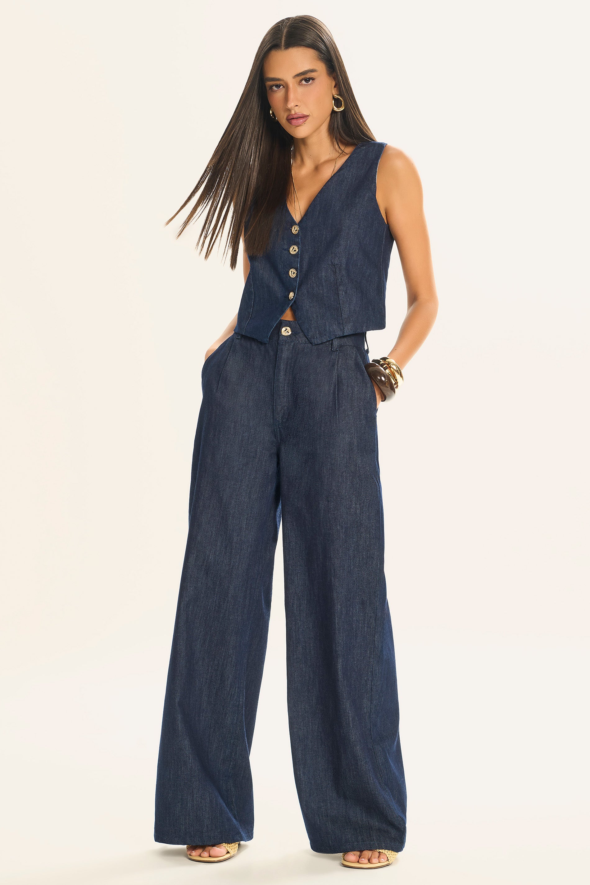 Colete Jeans Acinturado com Botões Miragem - Doce Trama