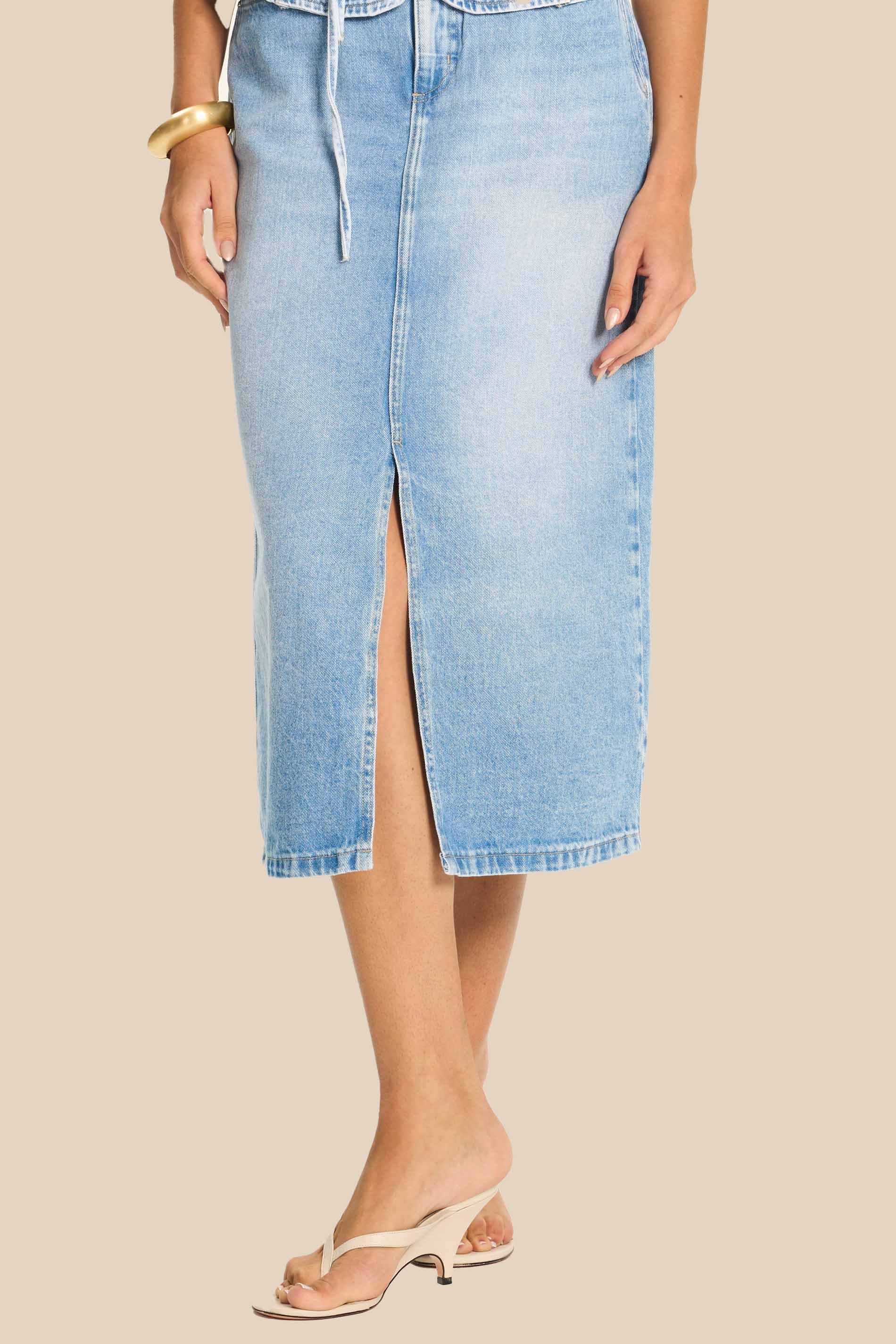 Saia Midi Reta Jeans com Fenda Miragem - Doce Trama