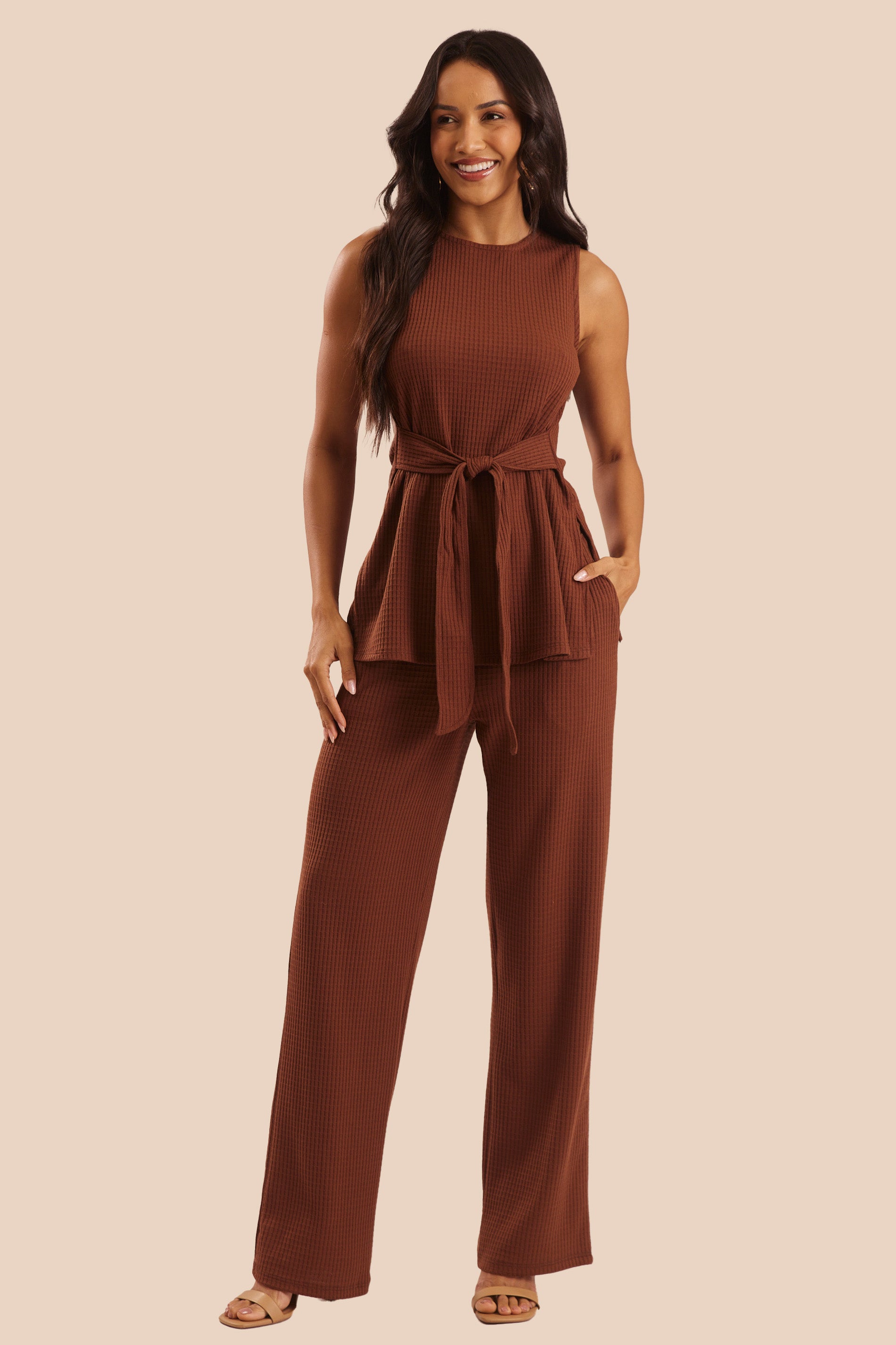 Calça Pantalona em Malha Canelada Miragem - Doce Trama