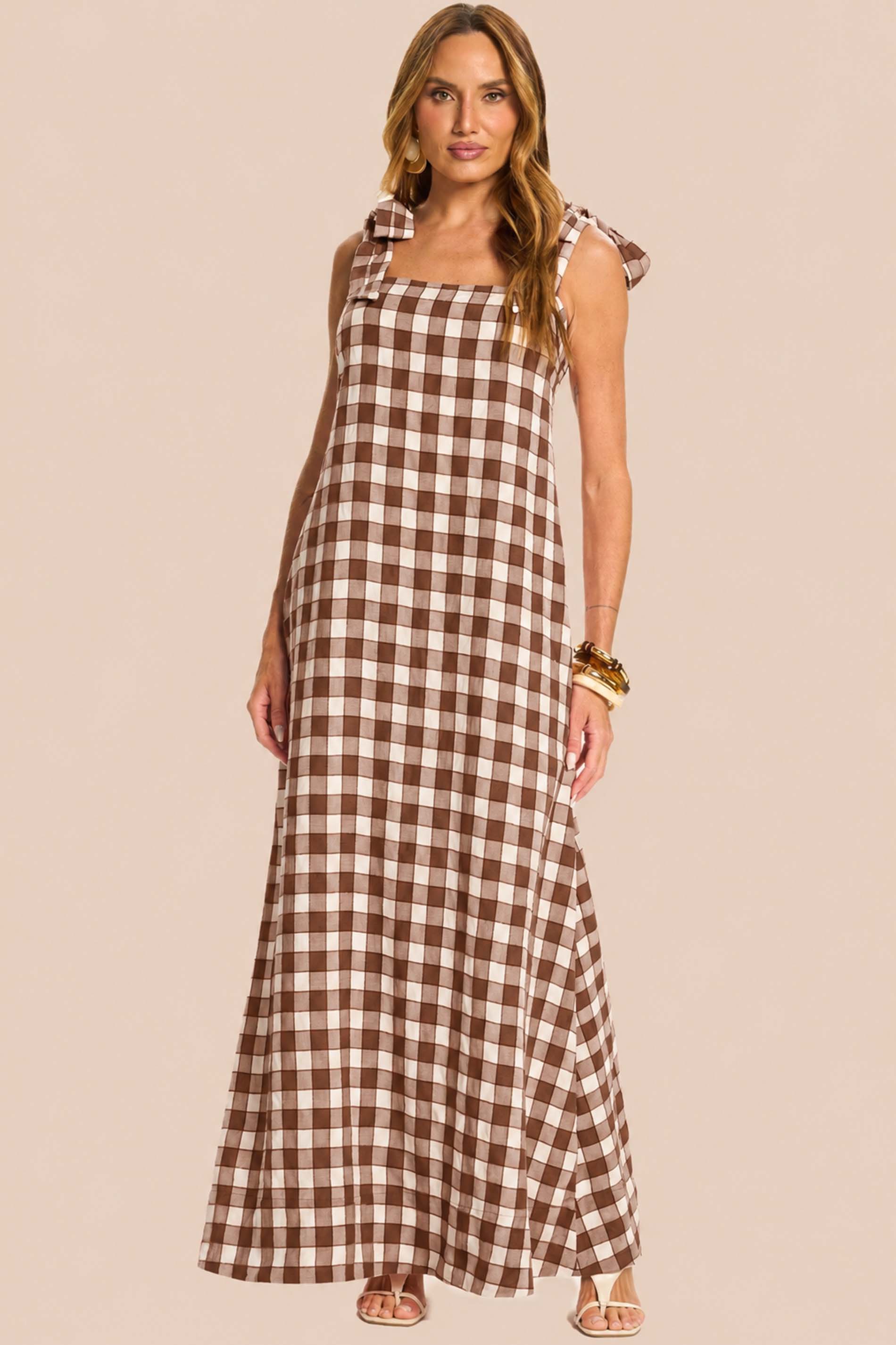 Vestido Longo Evasê Xadrez Miragem - Doce Trama