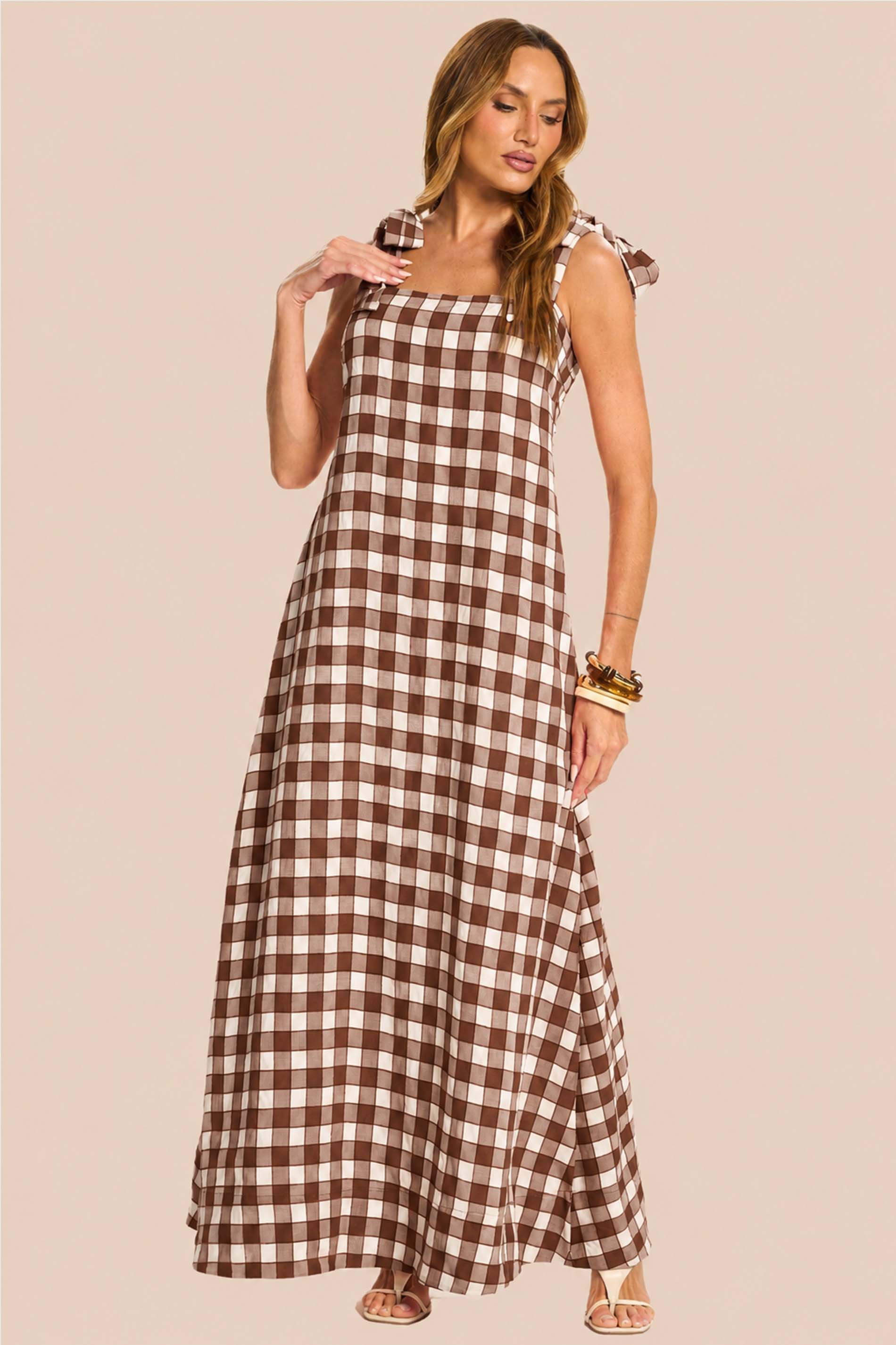 Vestido Longo Evasê Xadrez Miragem - Doce Trama