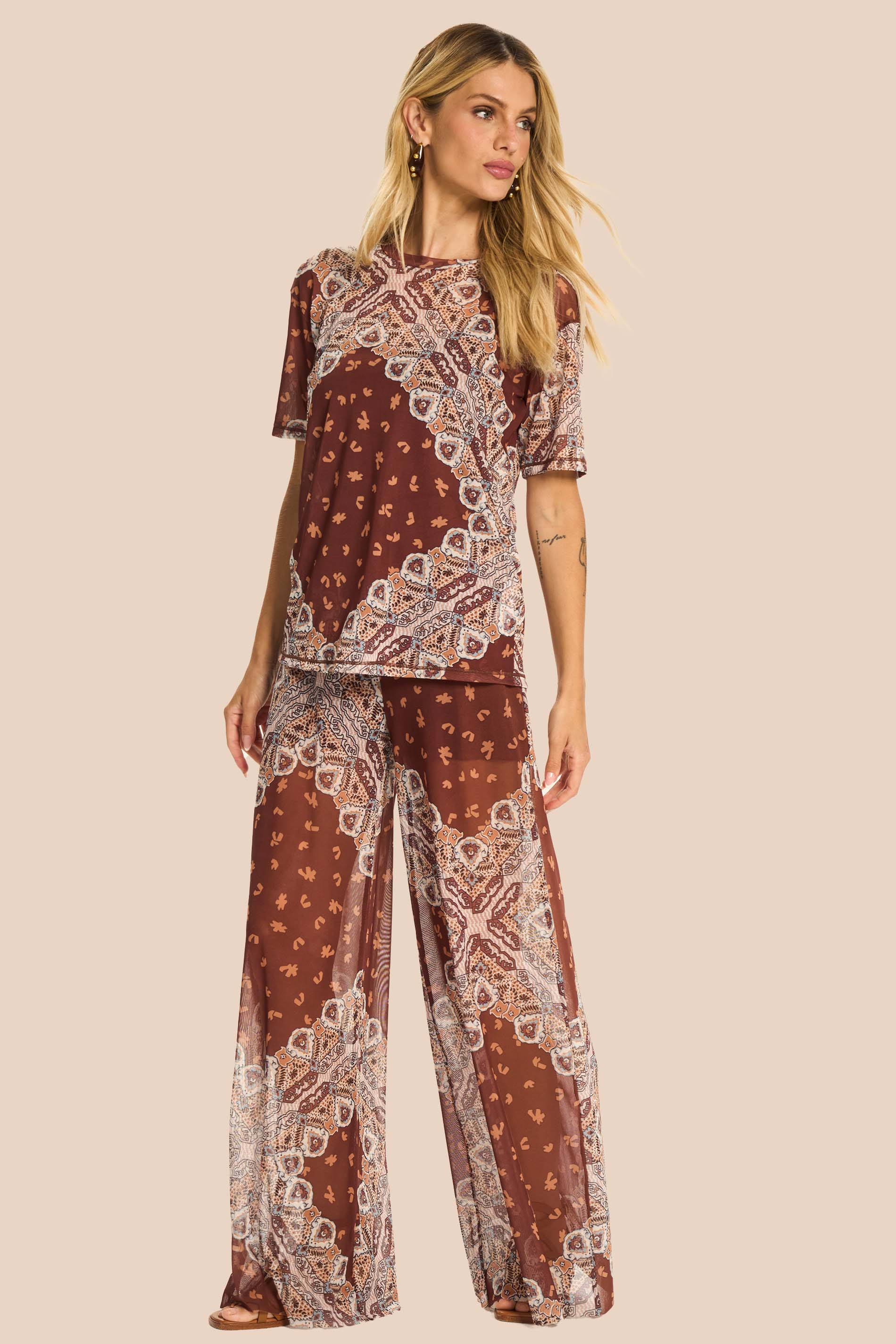 Blusa Manga Curta em Tule Estampado Miragem - Doce Trama