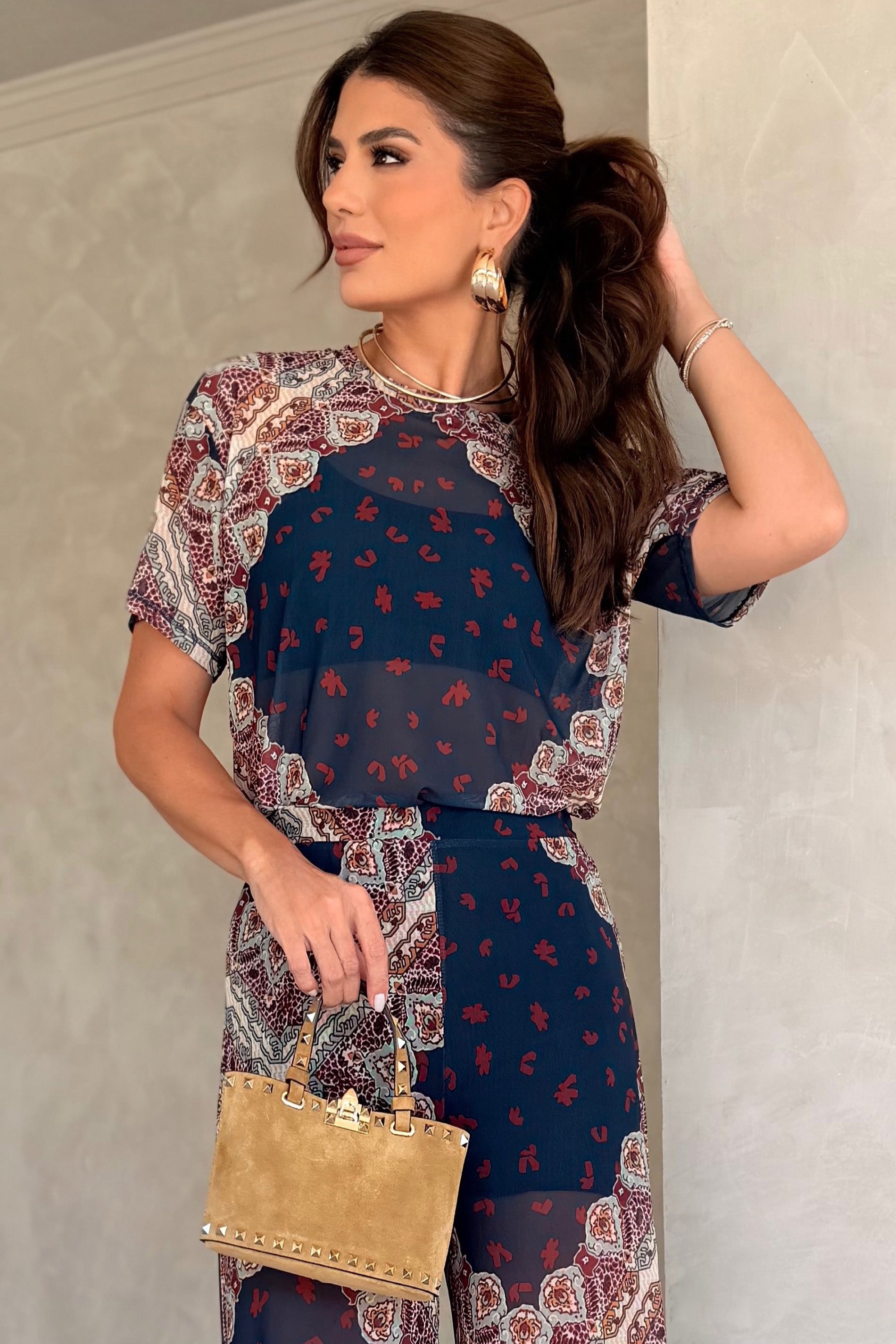 Blusa Manga Curta em Tule Estampado Miragem - Doce Trama