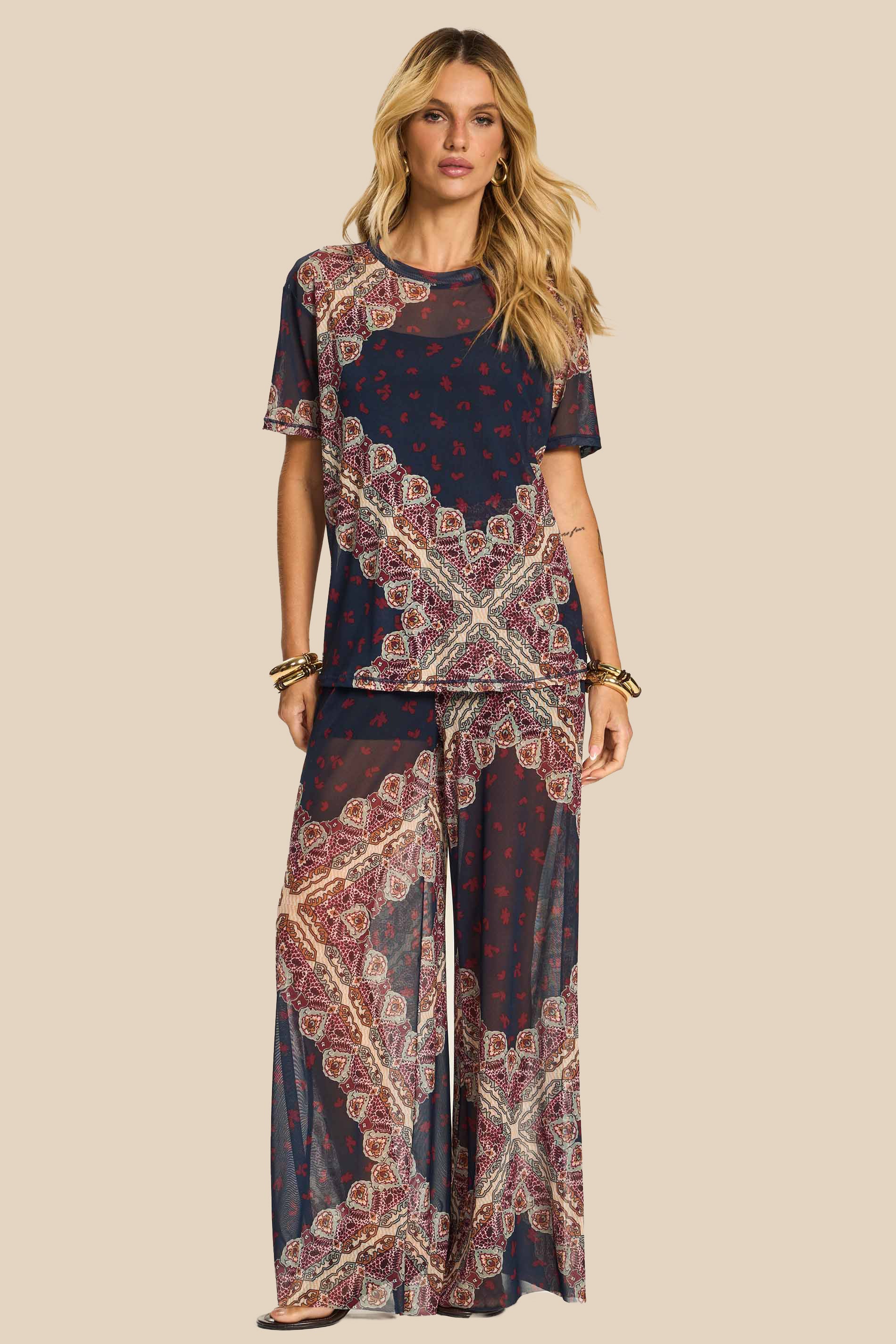 Calça Pantalona Ampla em Tule Estampado Miragem - Doce Trama