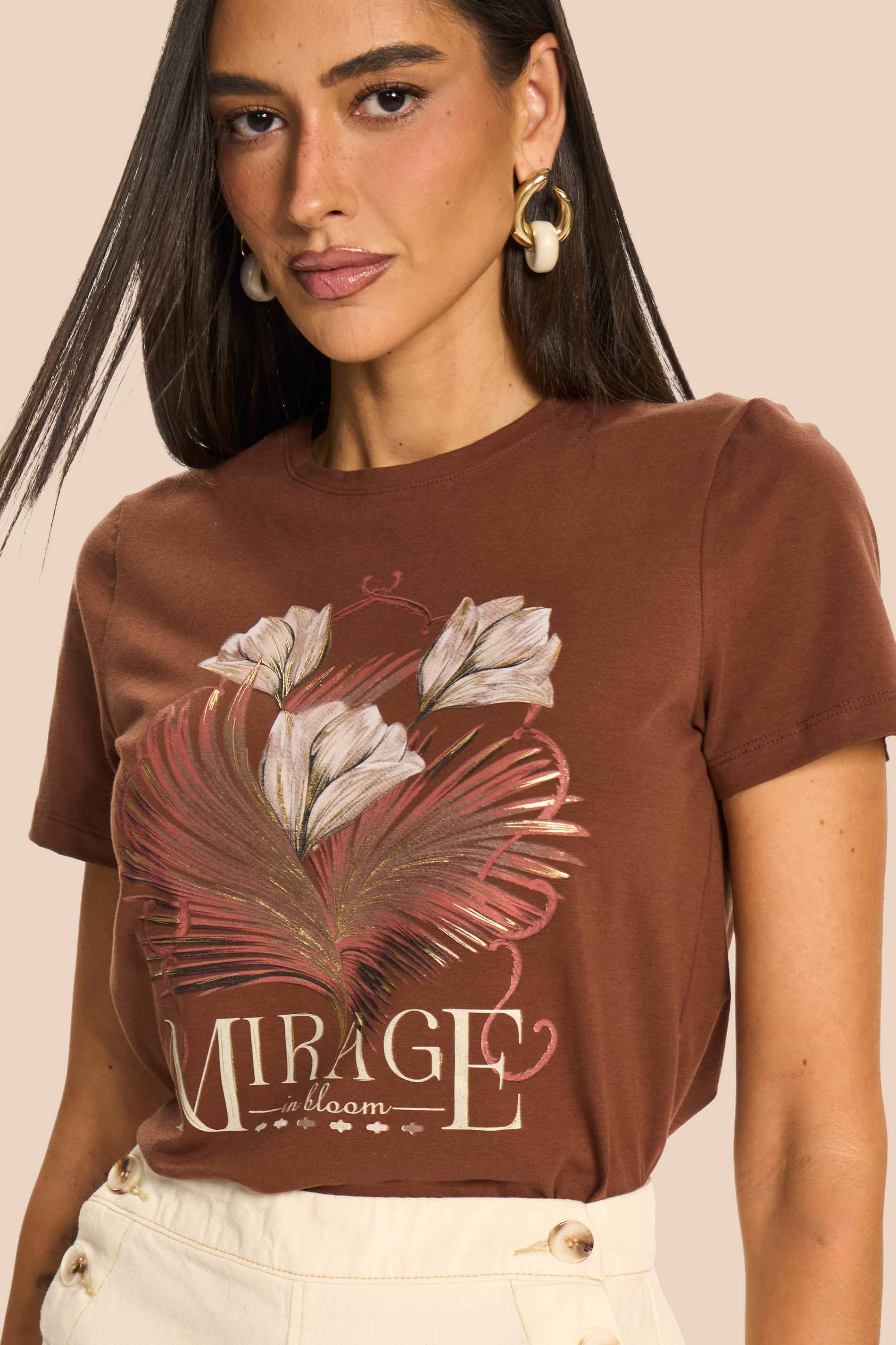 T-Shirt Feminina Cotton com Estampa Miragem - Doce Trama