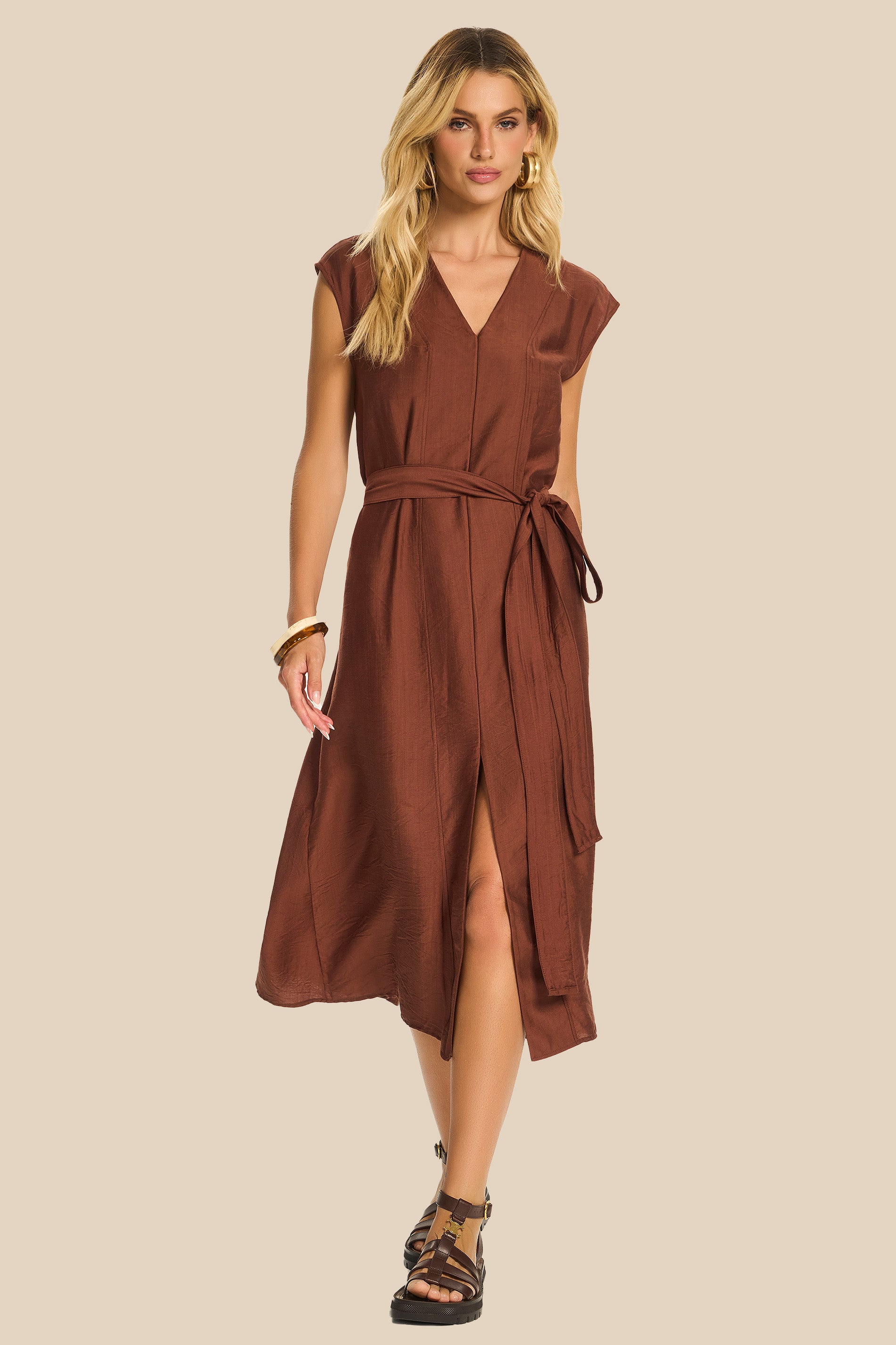 Vestido Midi Evasê em Viscose Amarração Miragem - Doce Trama