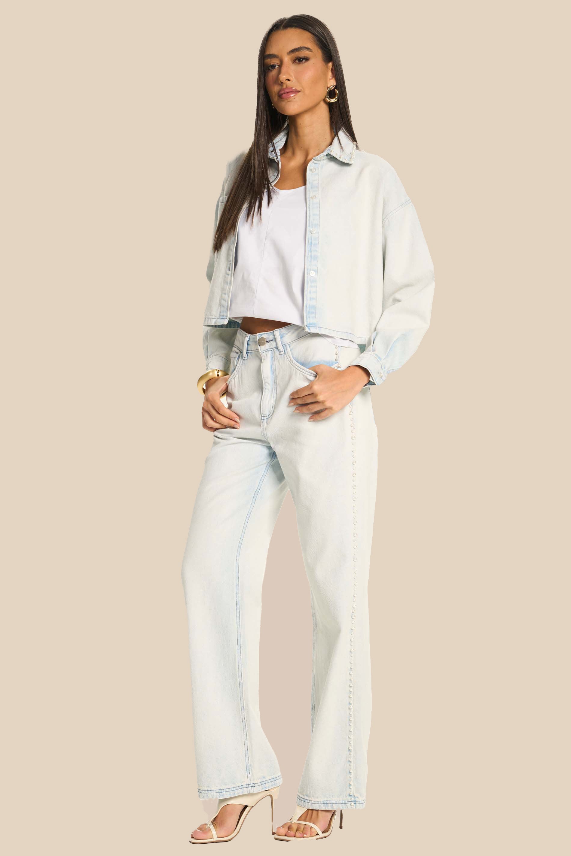 Calça Reta Feminina Jeans com Pérolas Peônia - Doce Trama