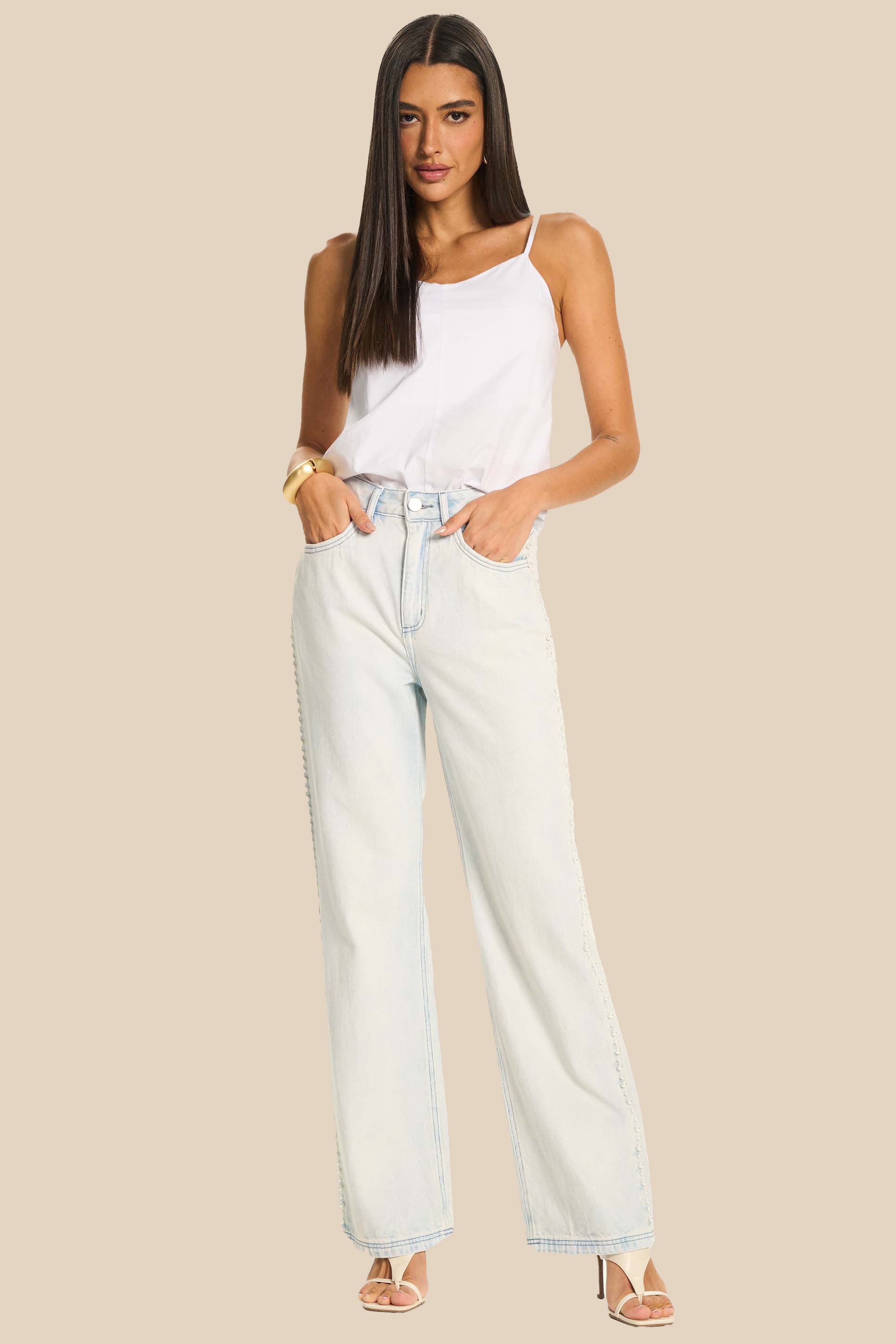 Calça Reta Feminina Jeans com Pérolas Peônia - Doce Trama