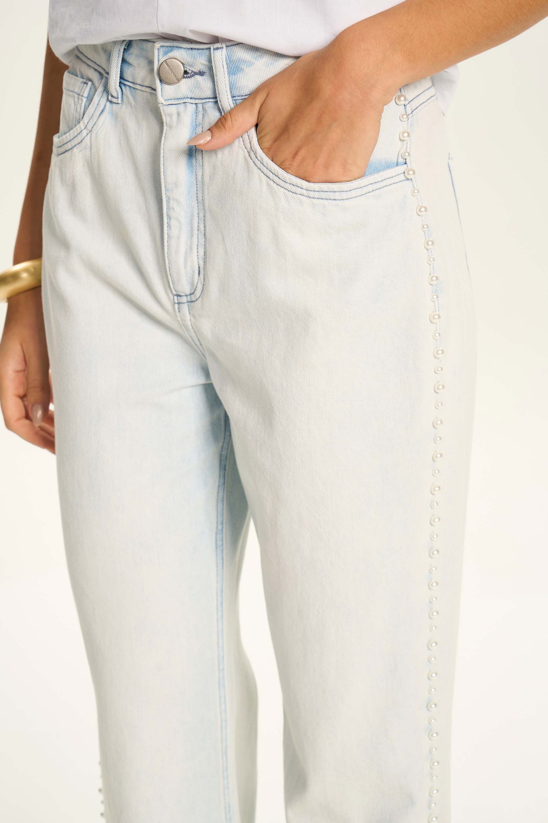 Calça Reta Feminina Jeans com Pérolas Peônia - Doce Trama