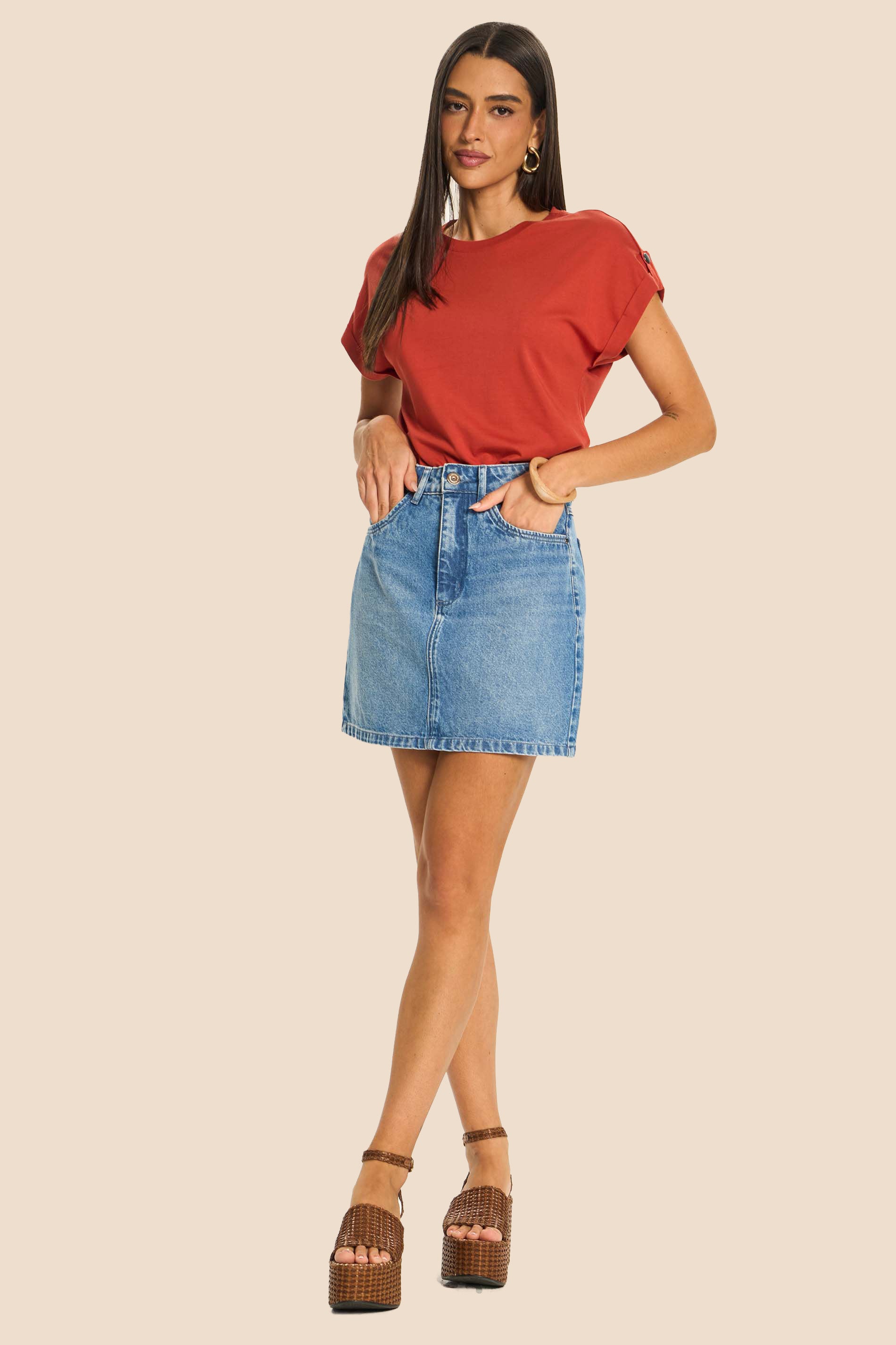 Saia Curta Reta Jeans Miragem - Doce Trama