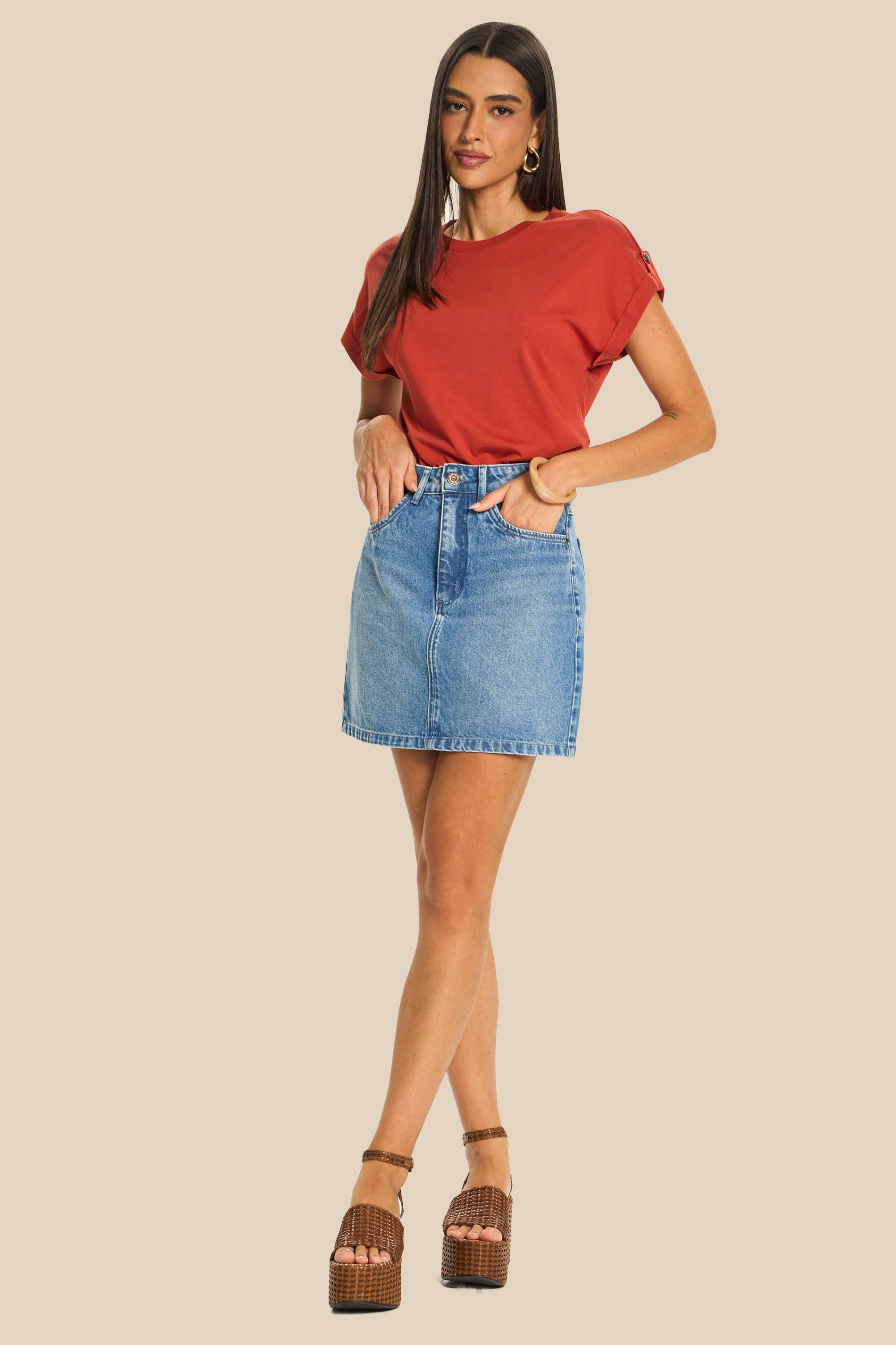 Saia Curta Reta Jeans Miragem - Doce Trama