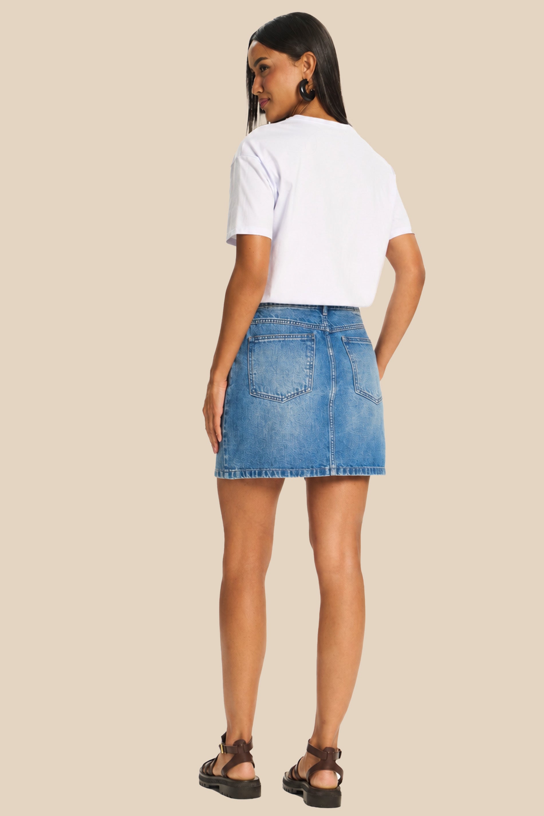 Saia Curta Reta Jeans Cintura Alta Miragem - Doce Trama