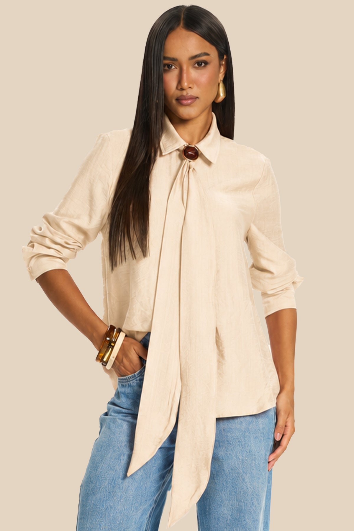 Camisa Feminina Manga Longa Viscose Laço Miragem- Doce Trama