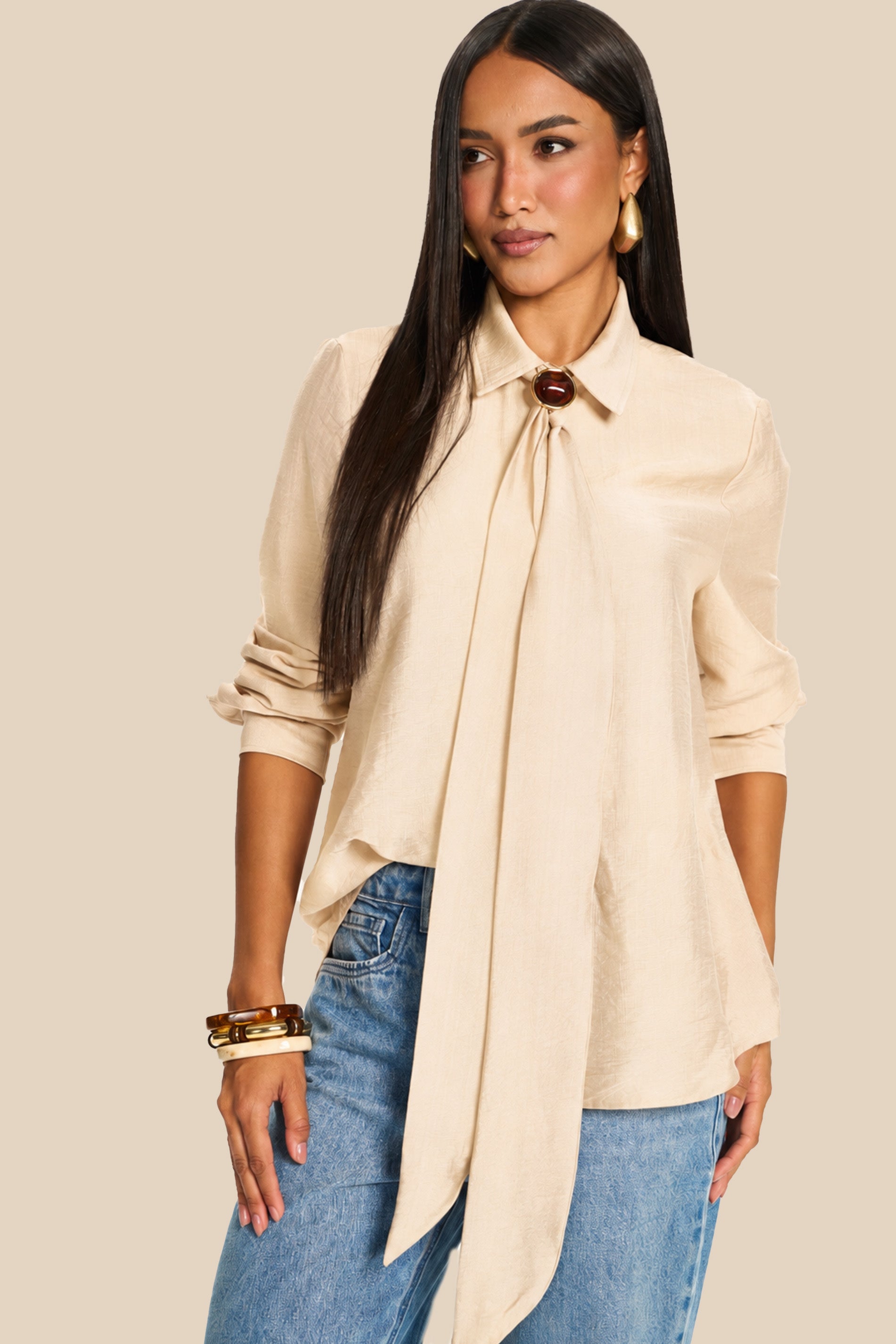 Camisa Feminina Manga Longa Viscose Laço Miragem- Doce Trama