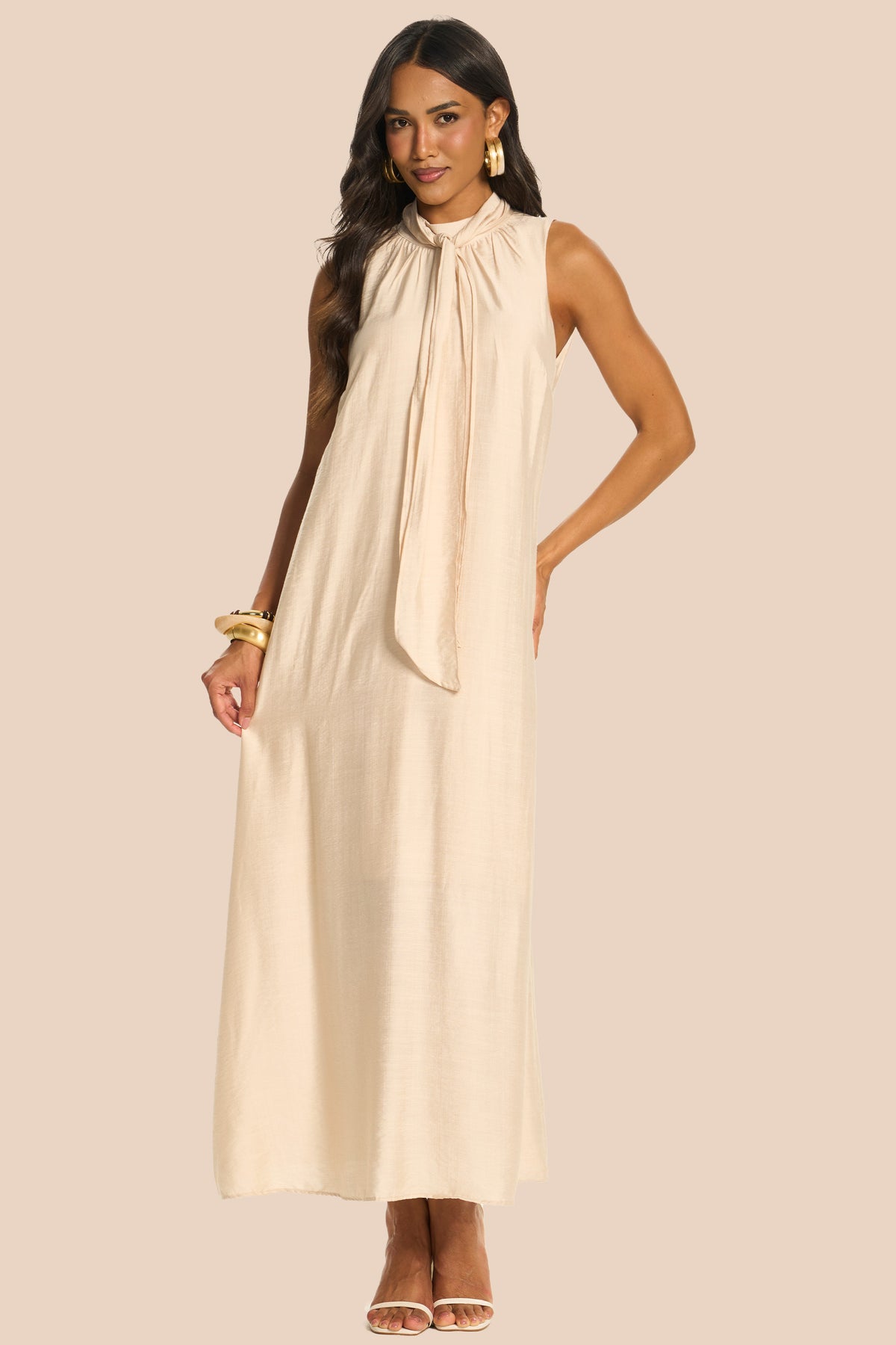 Vestido Longo Reto com Gola Laço Miragem - Doce Trama