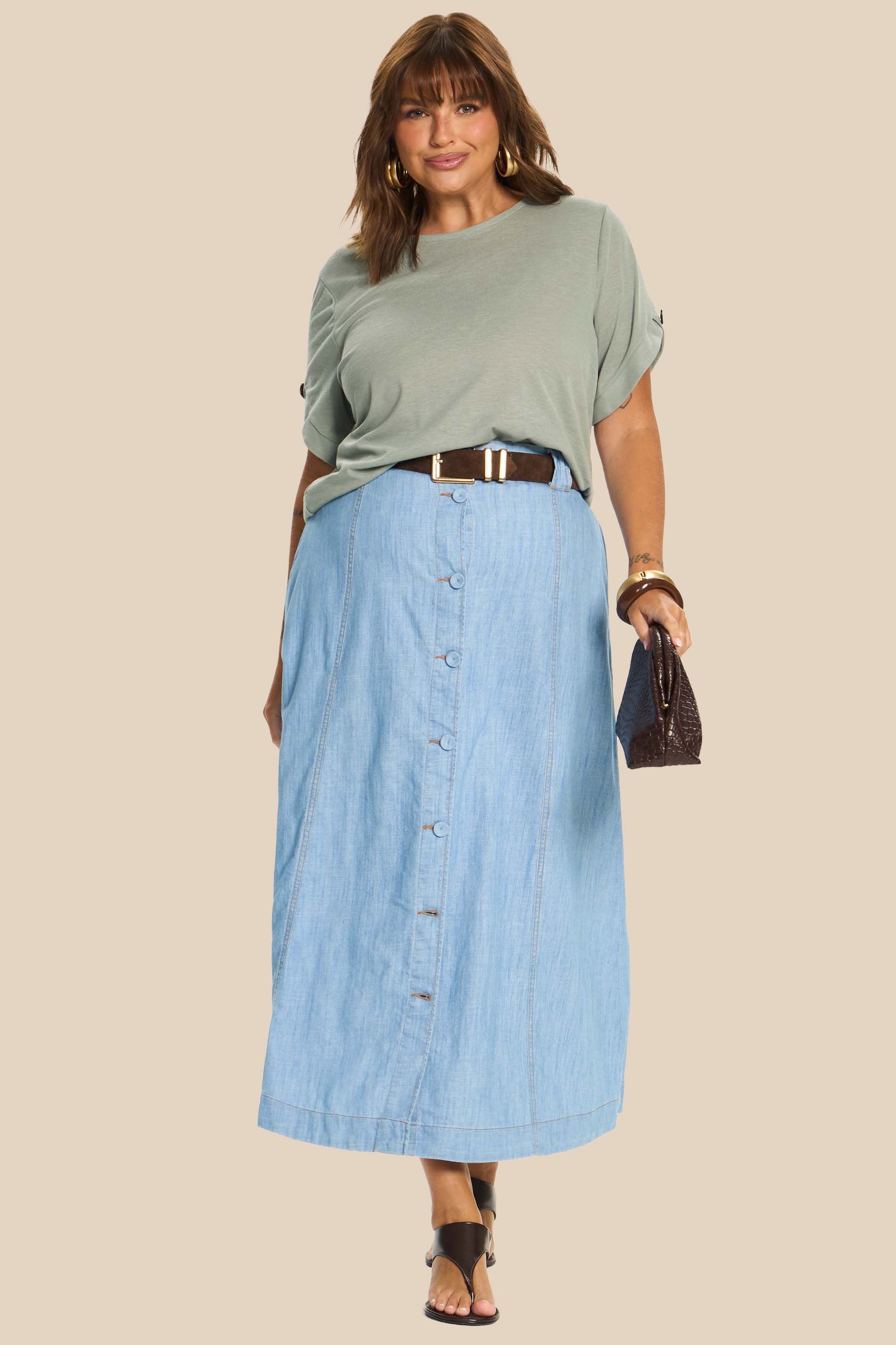 Saia Midi Jeans Evasê com Botões Miragem - Doce Trama