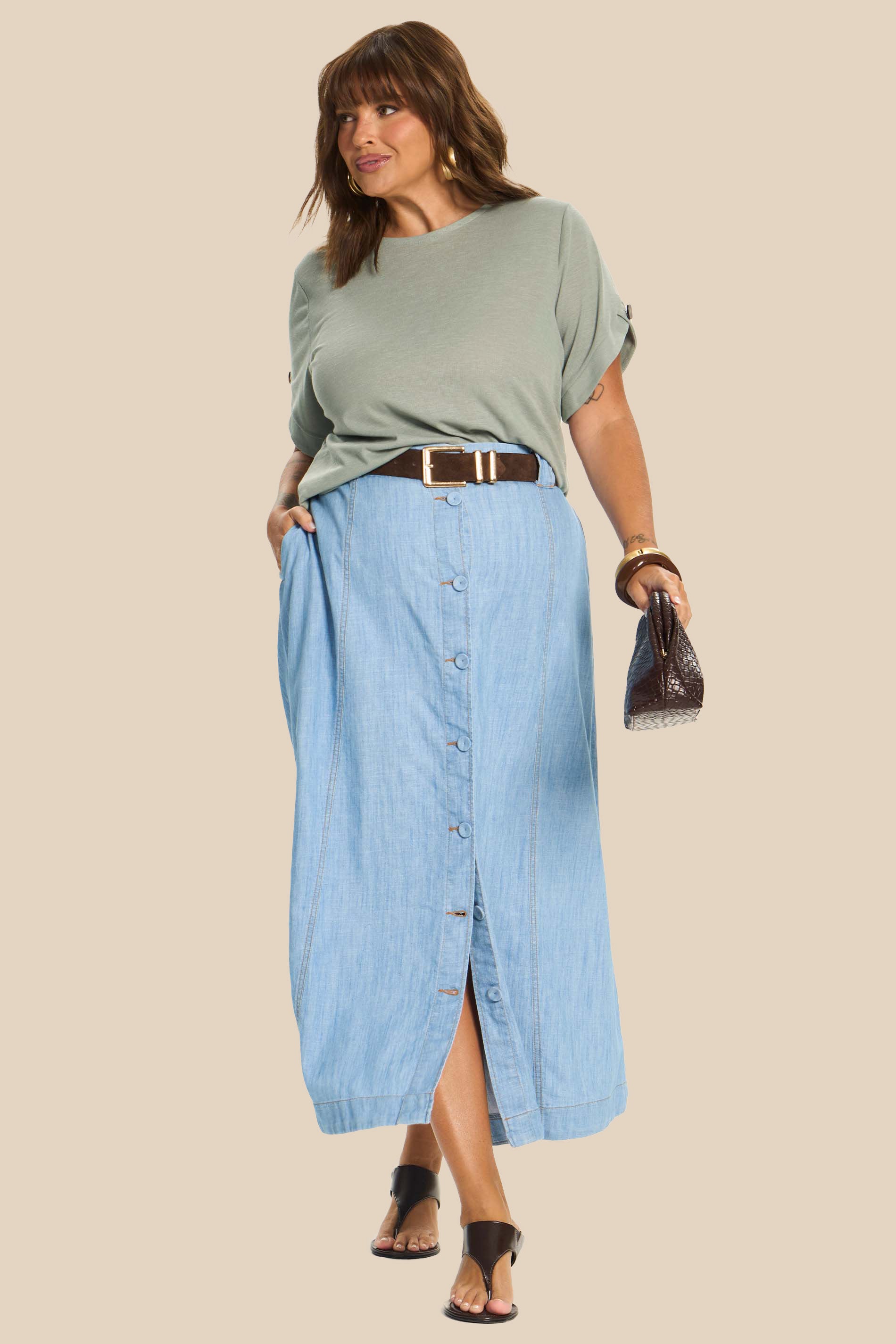 Saia Midi Jeans Evasê com Botões Miragem - Doce Trama