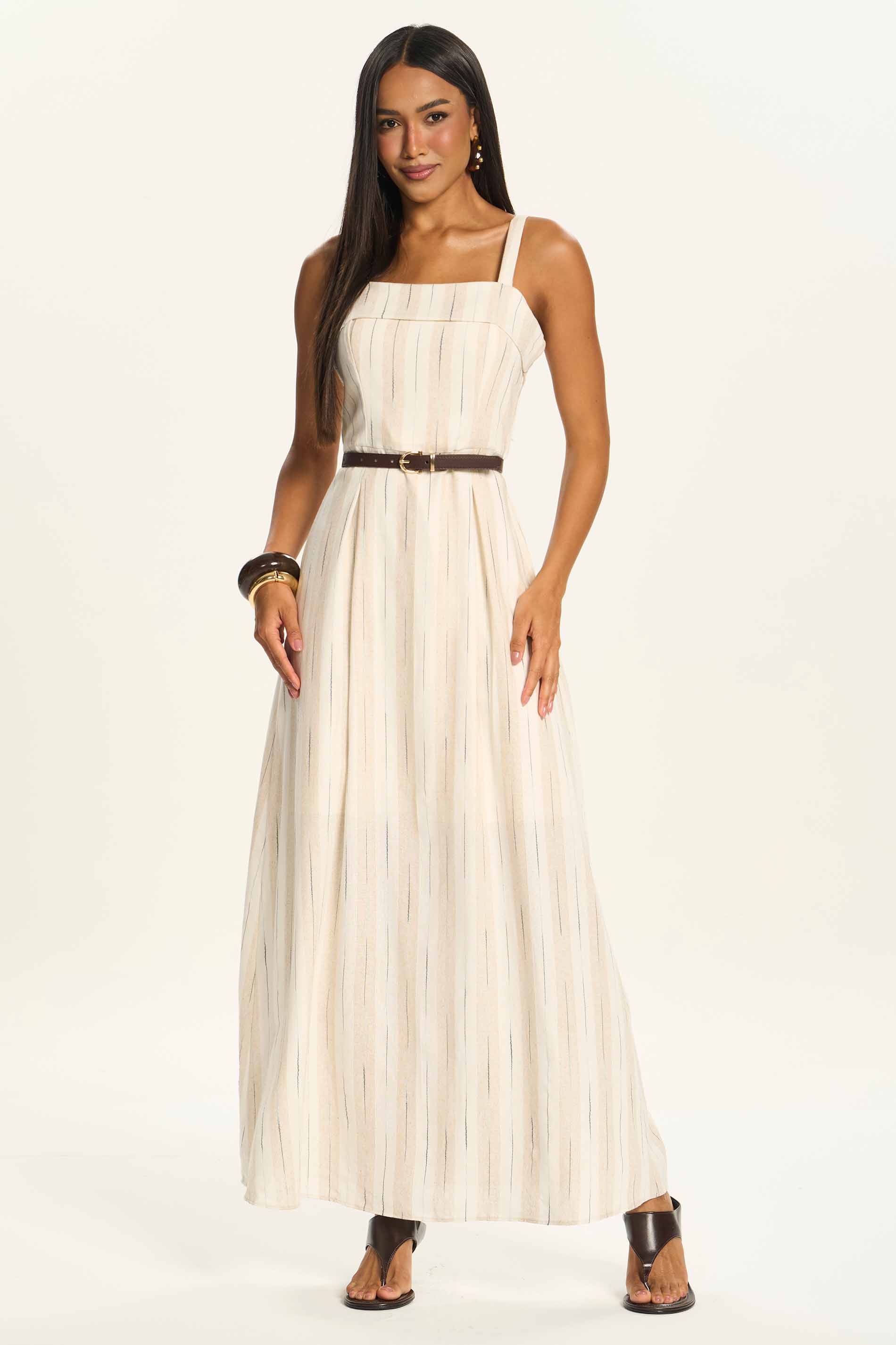 Vestido Longo Evasê em Linho com Cinto Duna - Doce Trama
