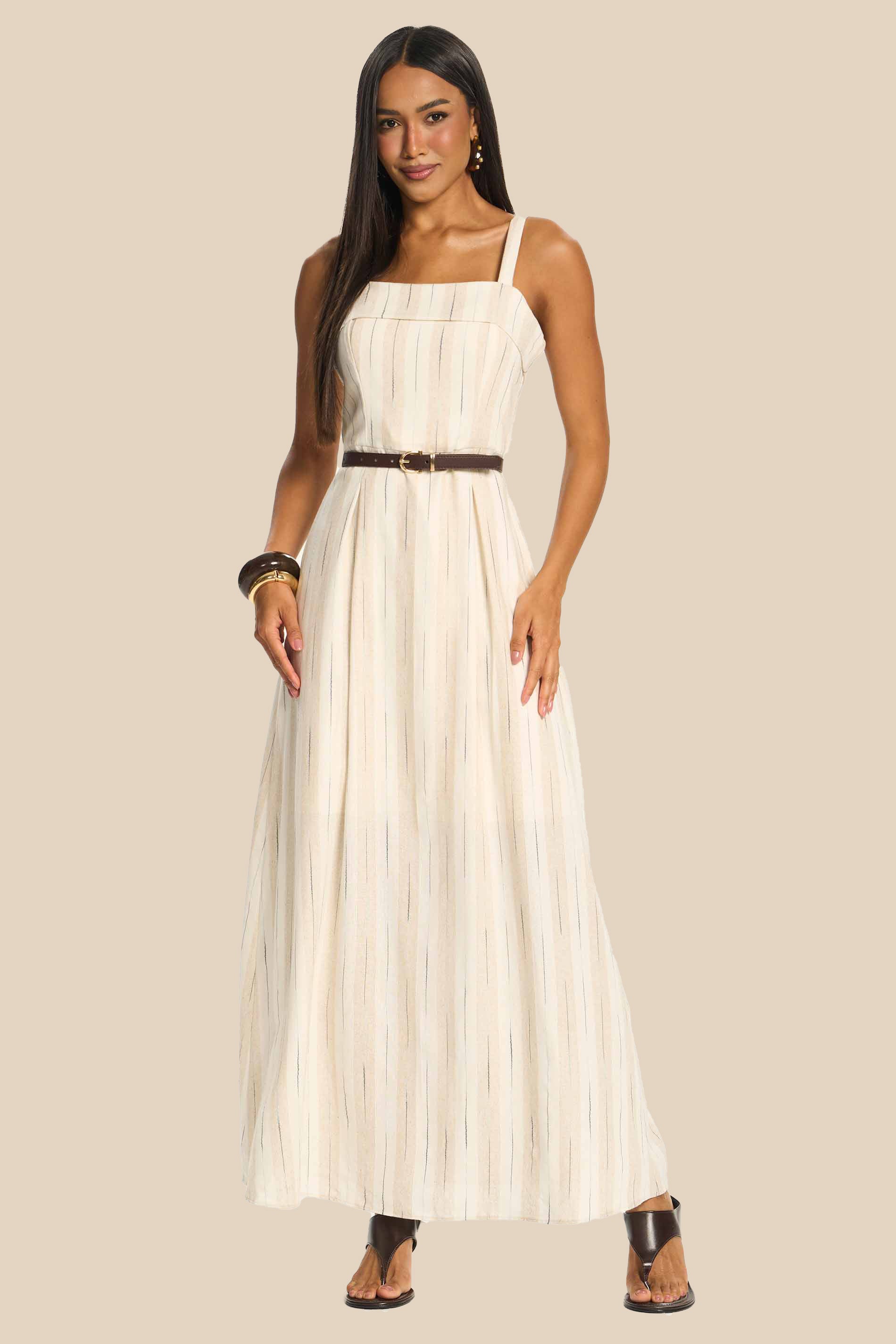 Vestido Longo Evasê em Linho com Cinto Duna - Doce Trama