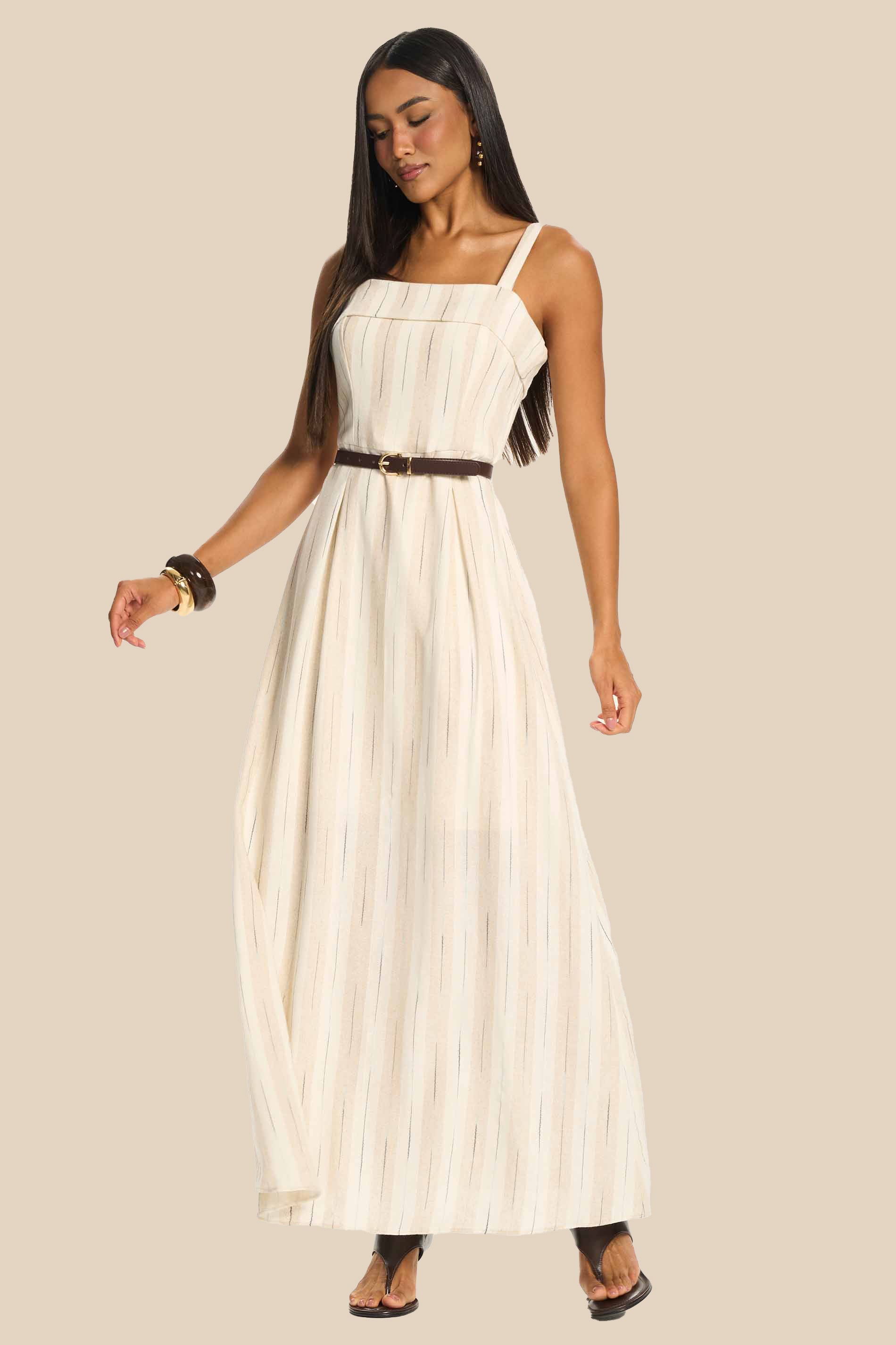 Vestido Longo Evasê em Linho com Cinto Miragem - Doce Trama