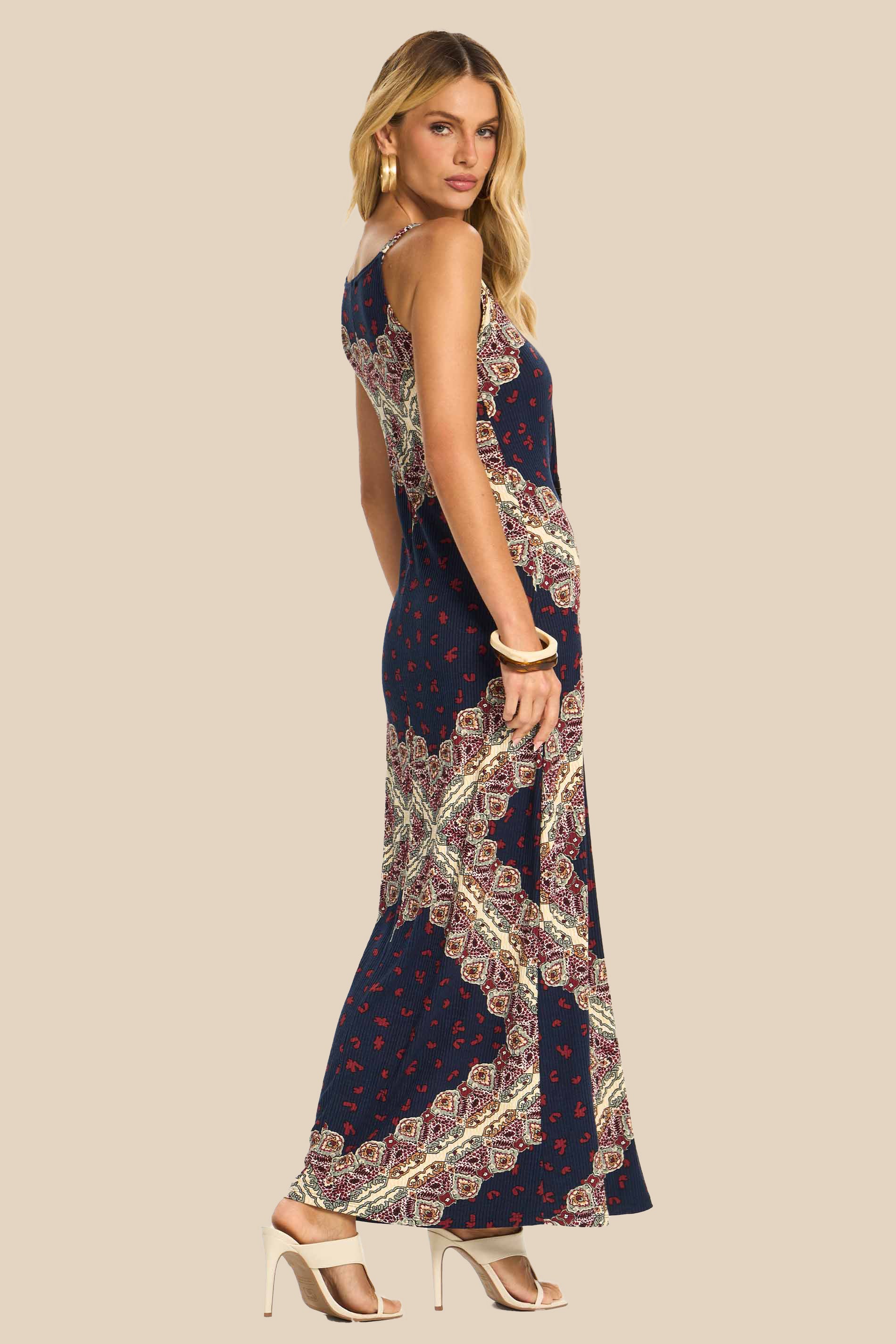 Vestido Longo Reto de Alça Estampado Miragem - Doce Trama