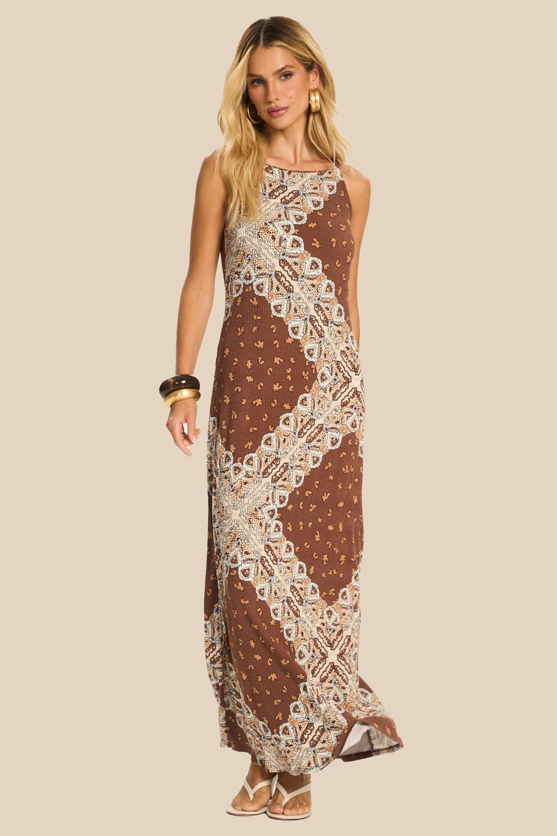 Vestido Longo Reto de Alça Estampado Miragem - Doce Trama