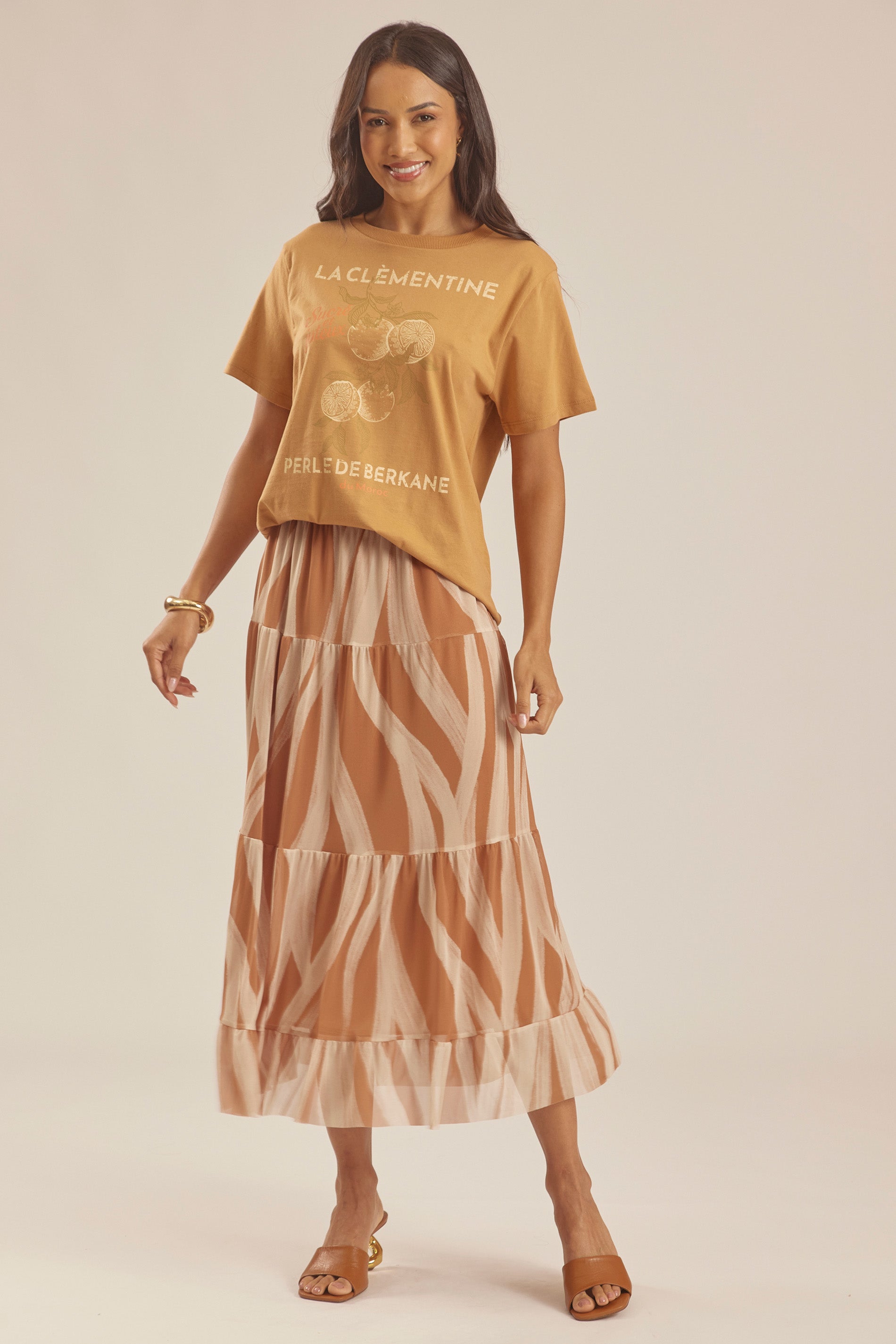 Saia Midi Evasê em Tule Estampado Duna - Doce Trama