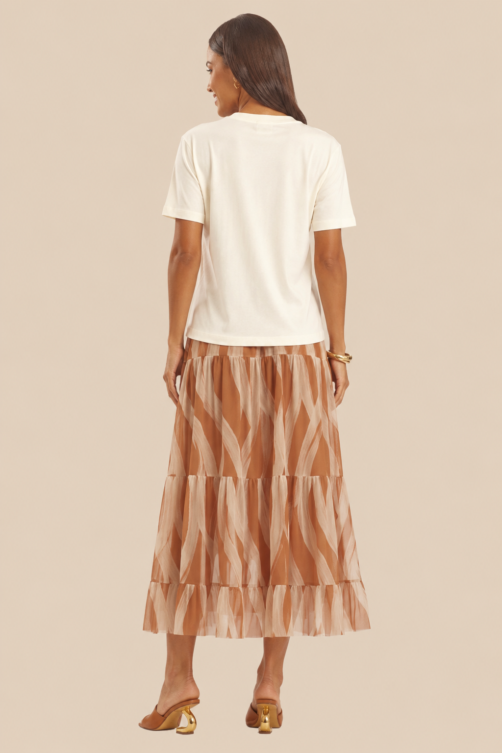Saia Midi Evasê em Tule Estampado Miragem - Doce Trama