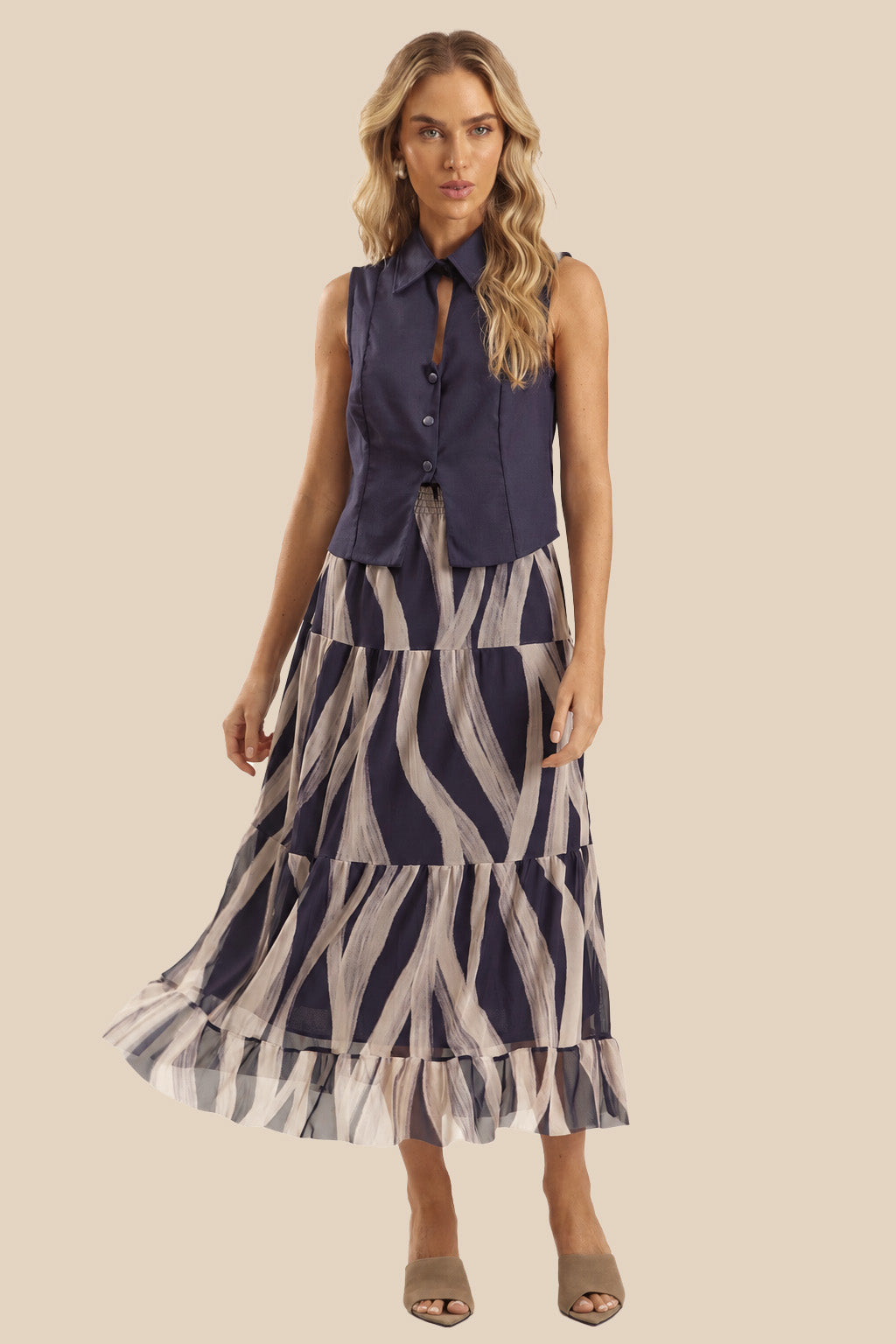Saia Midi Evasê em Tule Estampado Miragem - Doce Trama