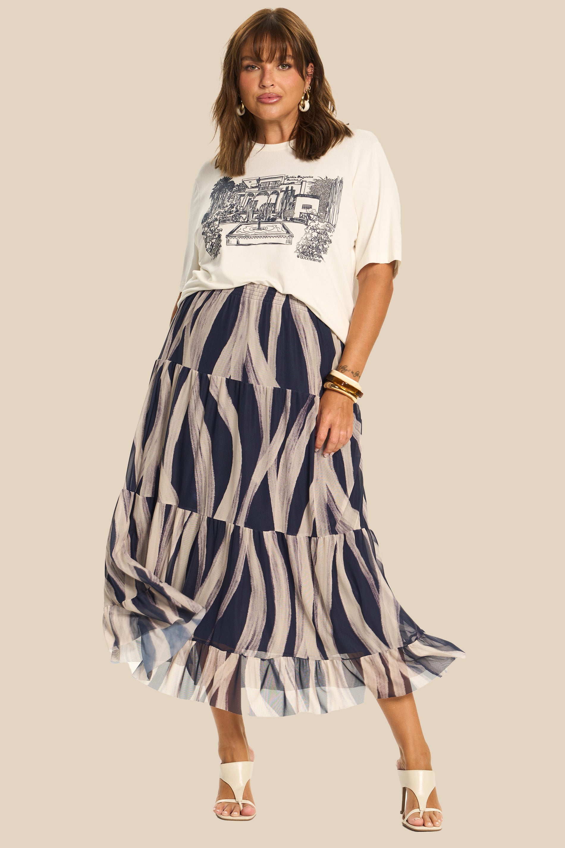 Saia Midi Evasê em Tule Estampado Duna - Doce Trama
