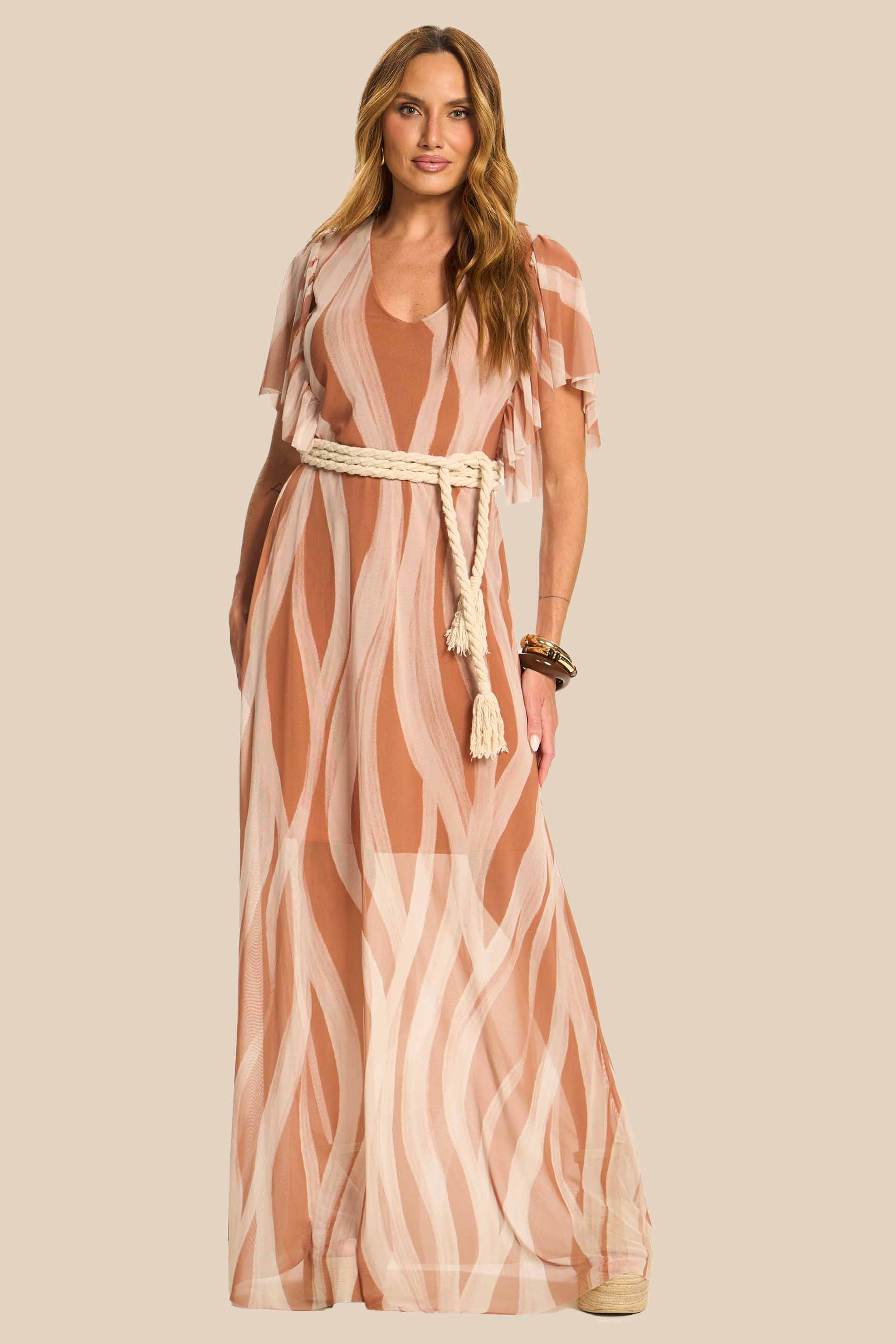 Vestido Longo Evasê Tule Estampado Miragem - Doce Trama