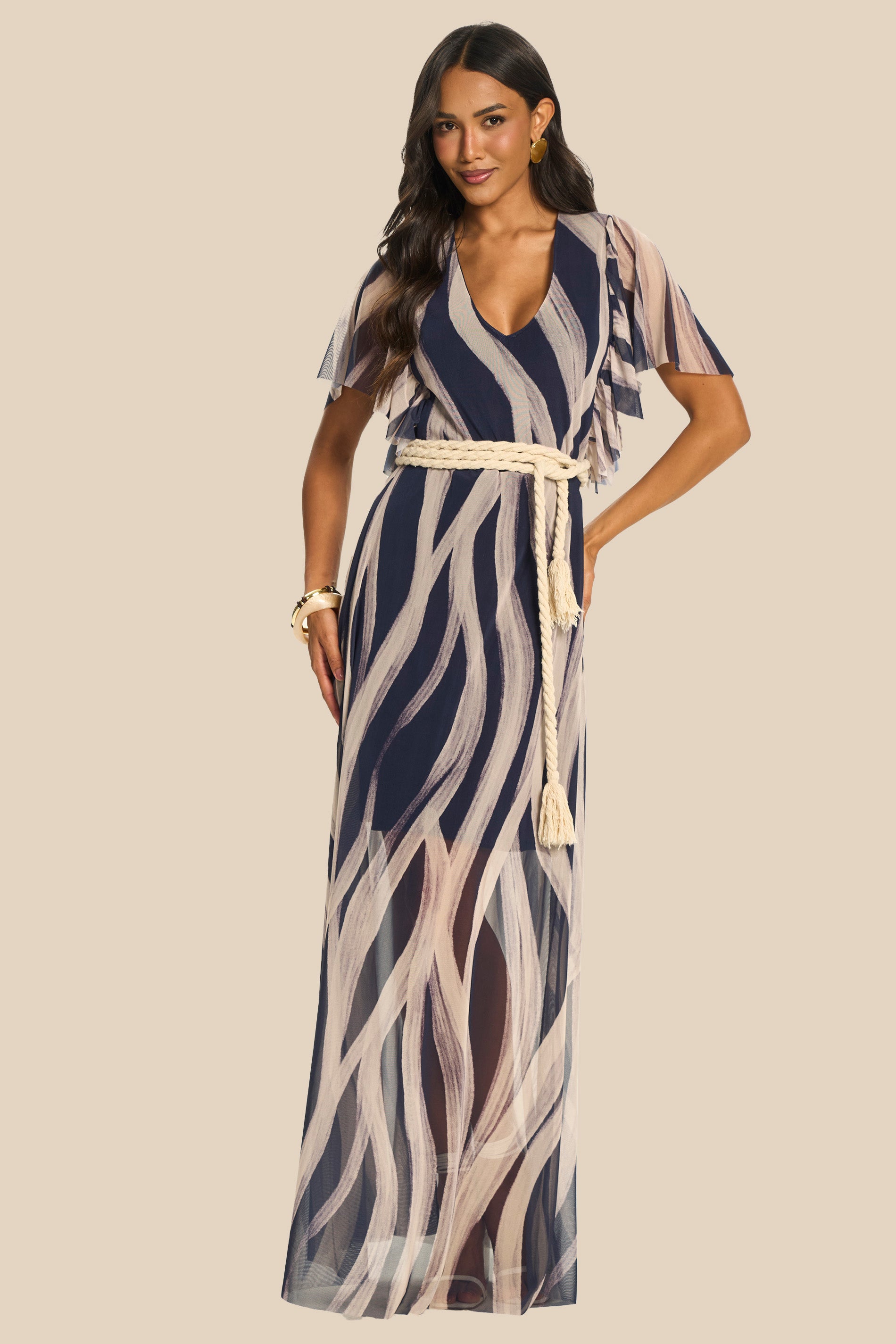 Vestido Longo Evasê Tule Estampado Miragem - Doce Trama
