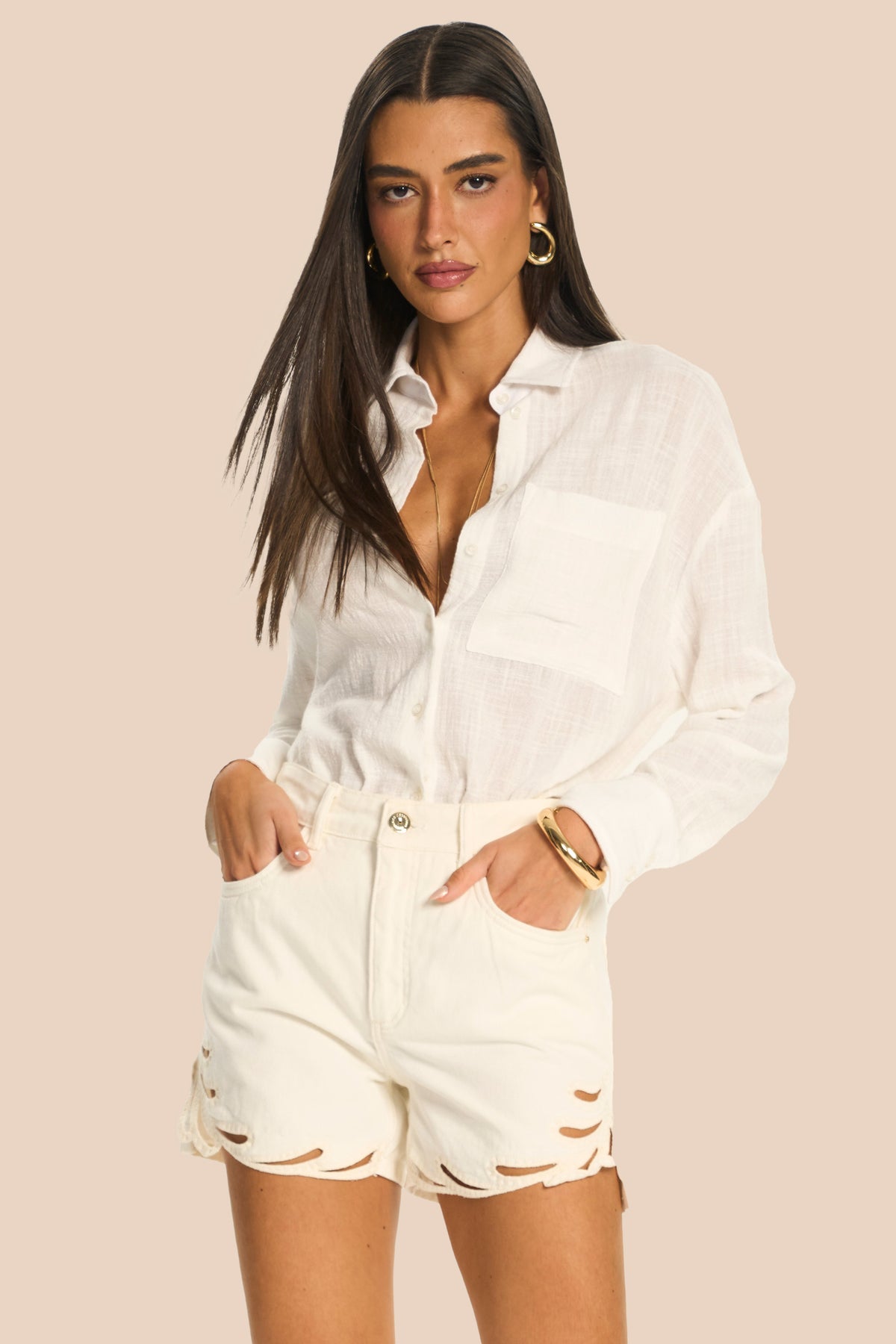 Shorts Boyfriend Jeans Branco Recorte Vazada - Doce Trama