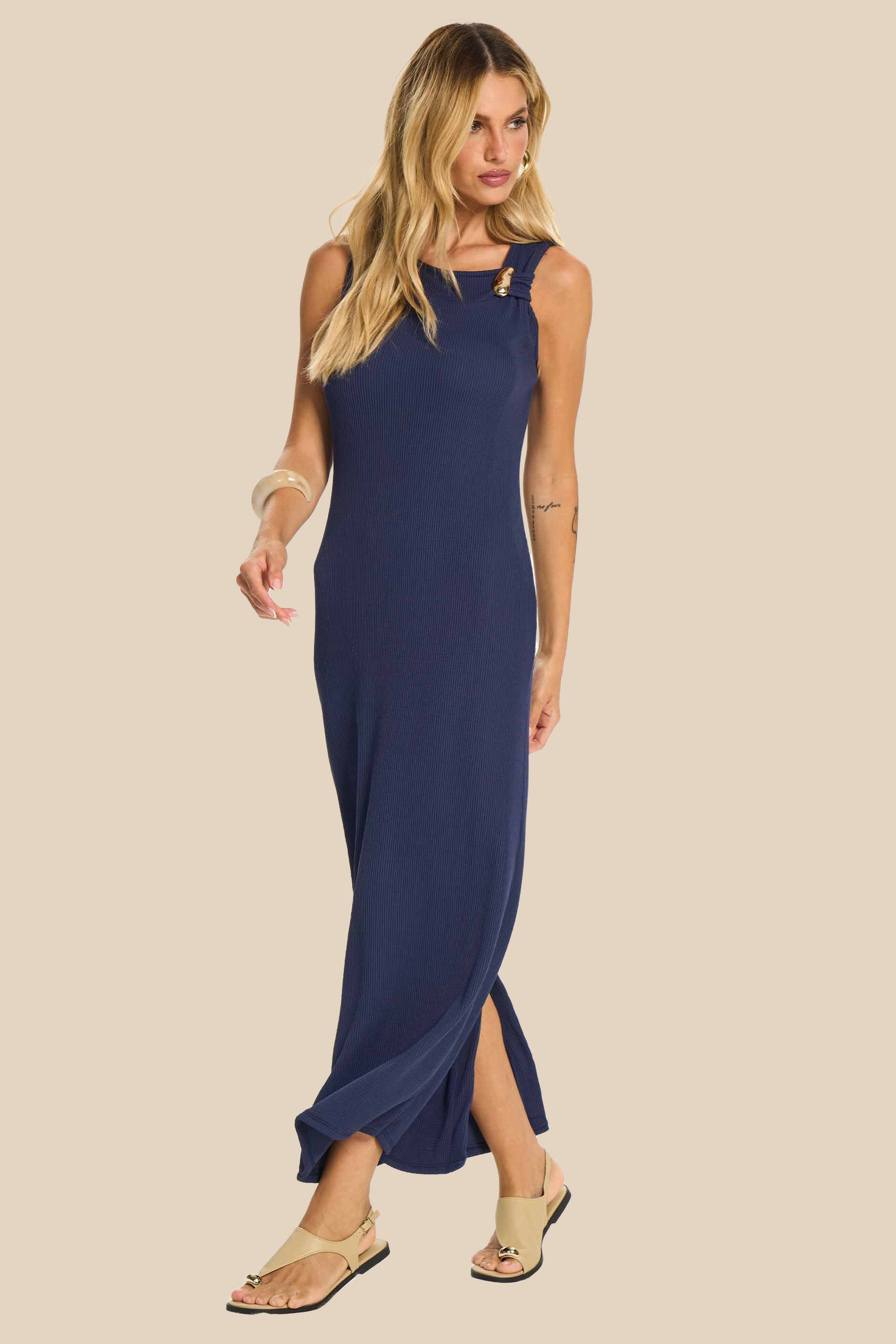 Vestido Longo Detalhe Dourado na Alça Miragem - Doce Trama