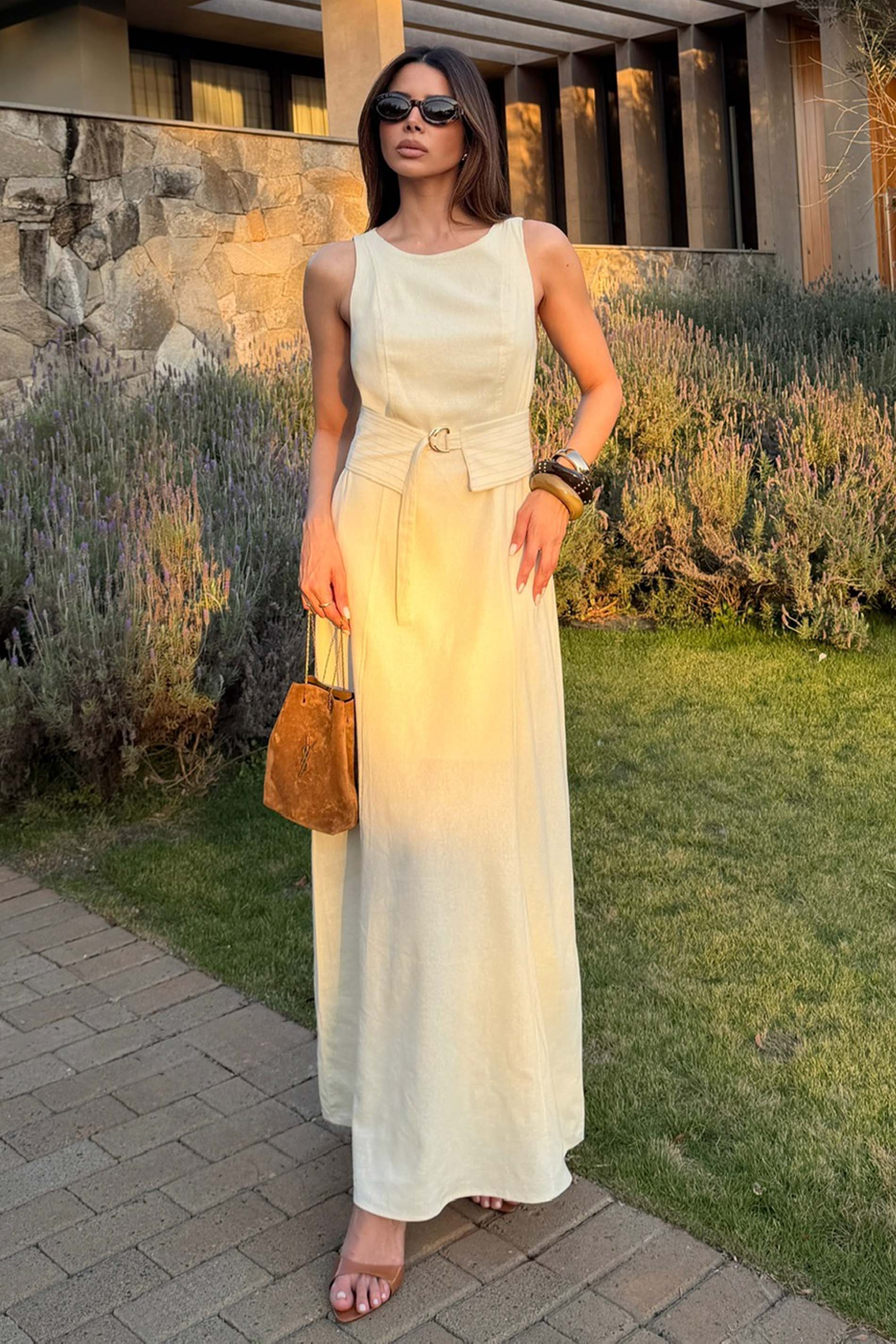 Vestido Longo Evasê em Linho com Faixa Duna - Doce Trama