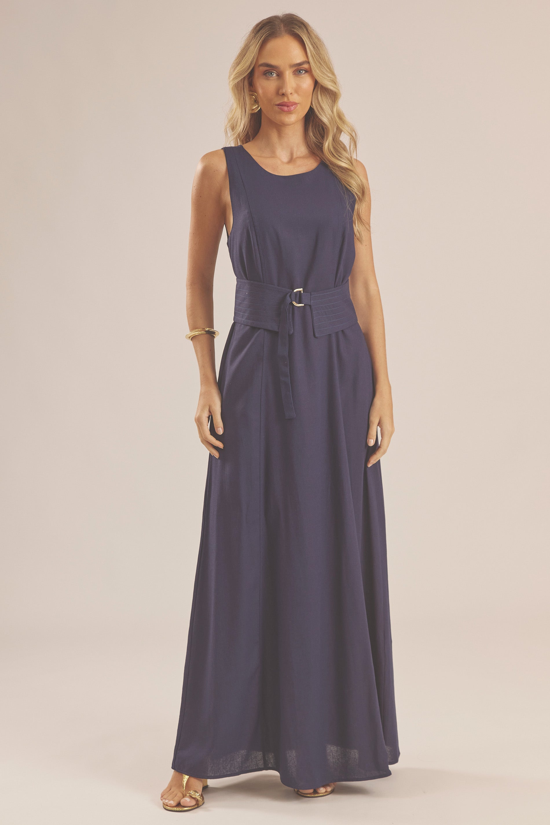 Vestido Longo Evasê em Linho com Faixa Duna - Doce Trama