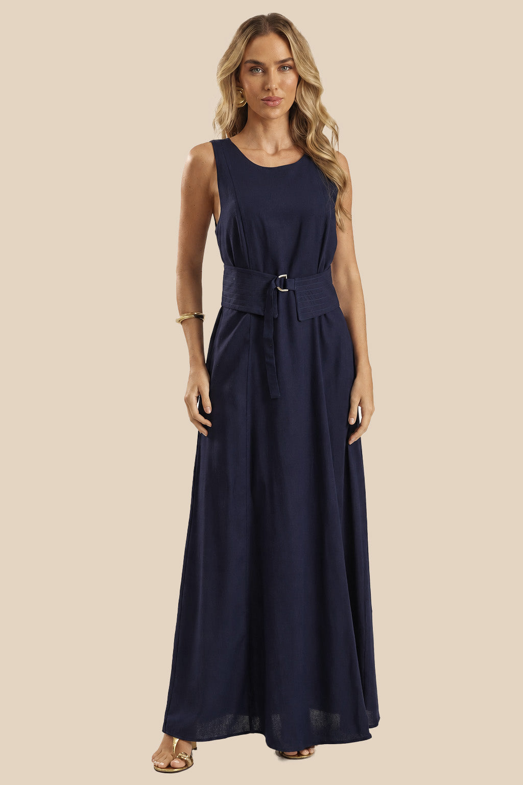 Vestido Longo Evasê em Linho com Faixa Duna - Doce Trama