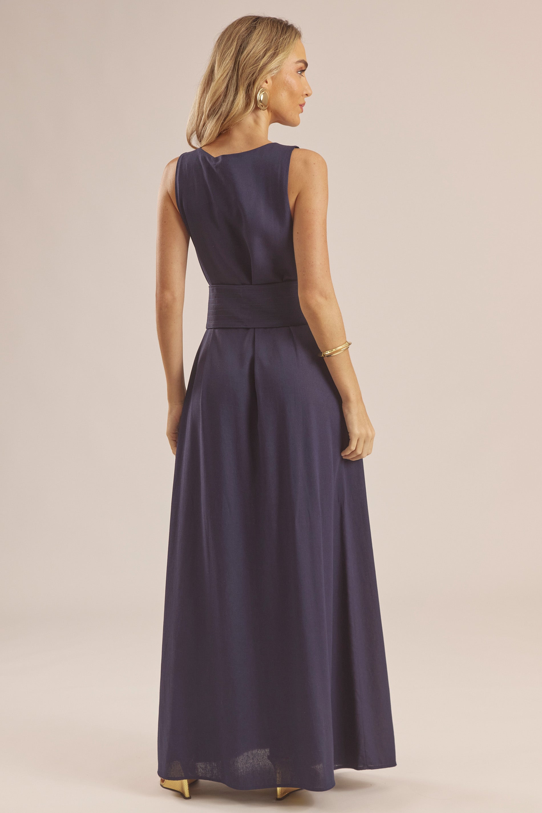 Vestido Longo Evasê em Linho com Faixa Duna - Doce Trama