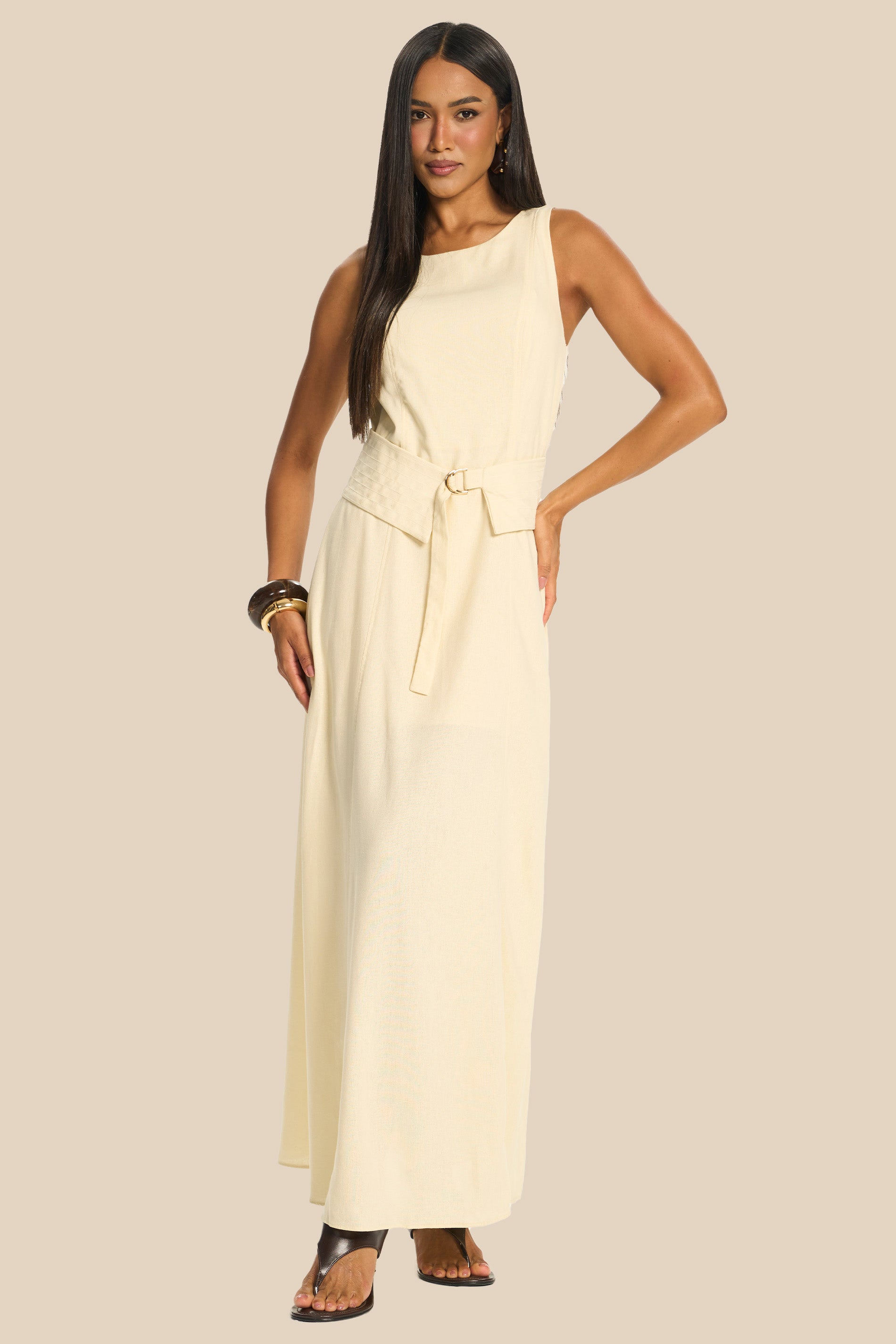 Vestido Longo Evasê em Linho com Faixa Miragem - Doce Trama