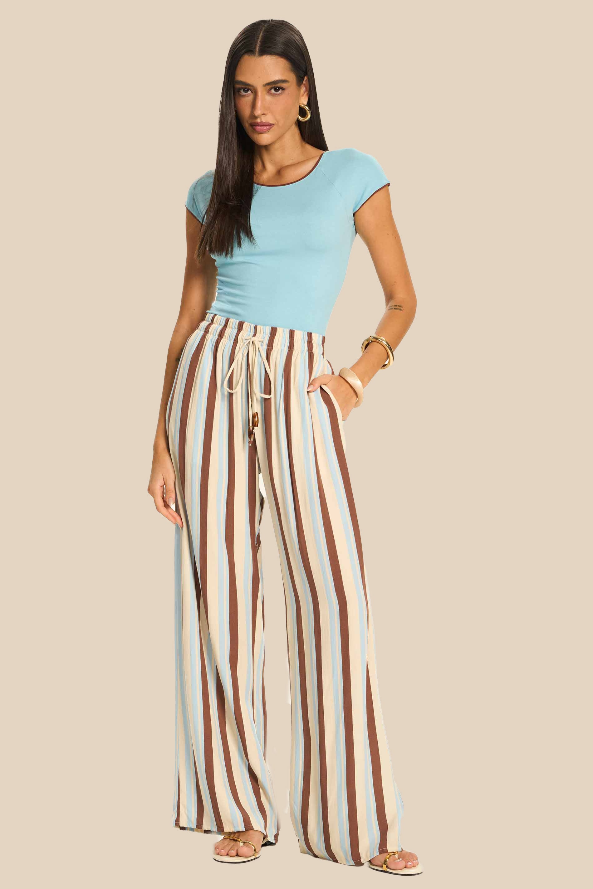 Calça Pantalona em Viscose Listrada Miragem - Doce Trama
