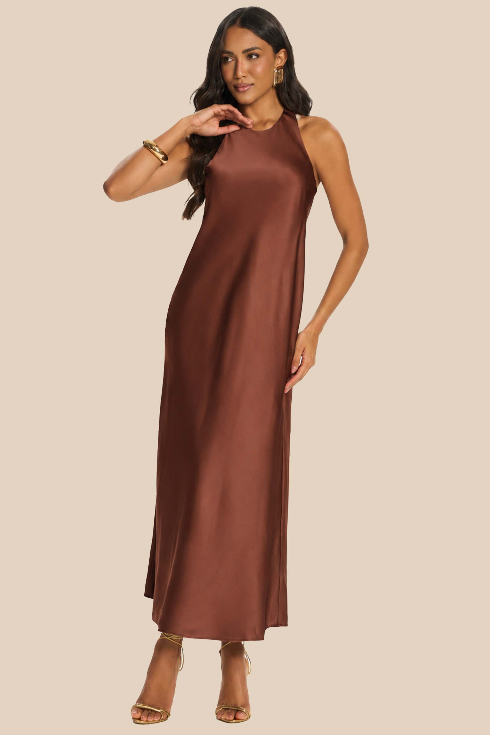 Vestido Longo Reto de Cetim Decote Alto Miragem - Doce Trama