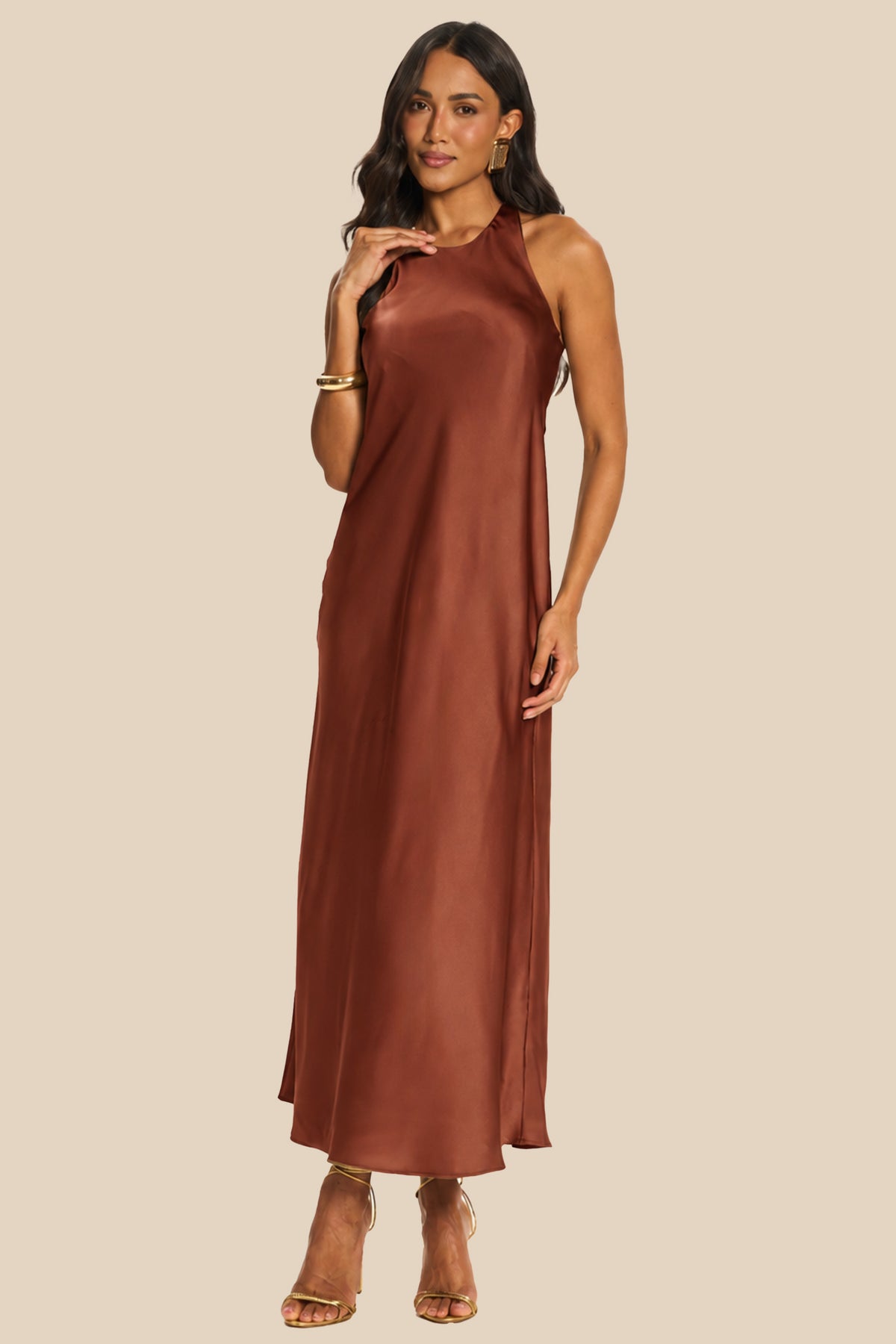 Vestido Longo Reto de Cetim Decote Alto Miragem - Doce Trama
