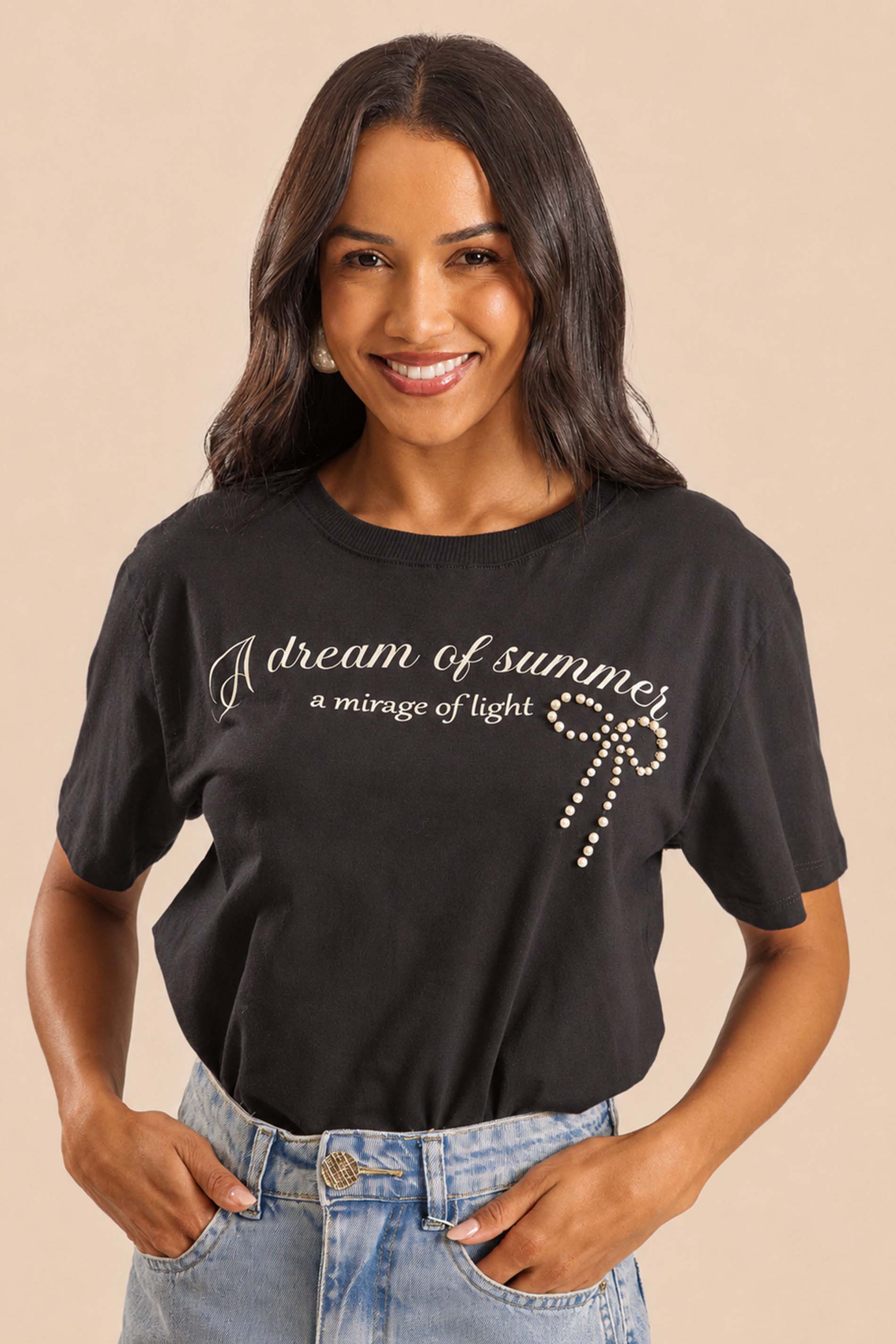 T-Shirt Manga Curta Ampla com Bordado Miragem - Doce Trama