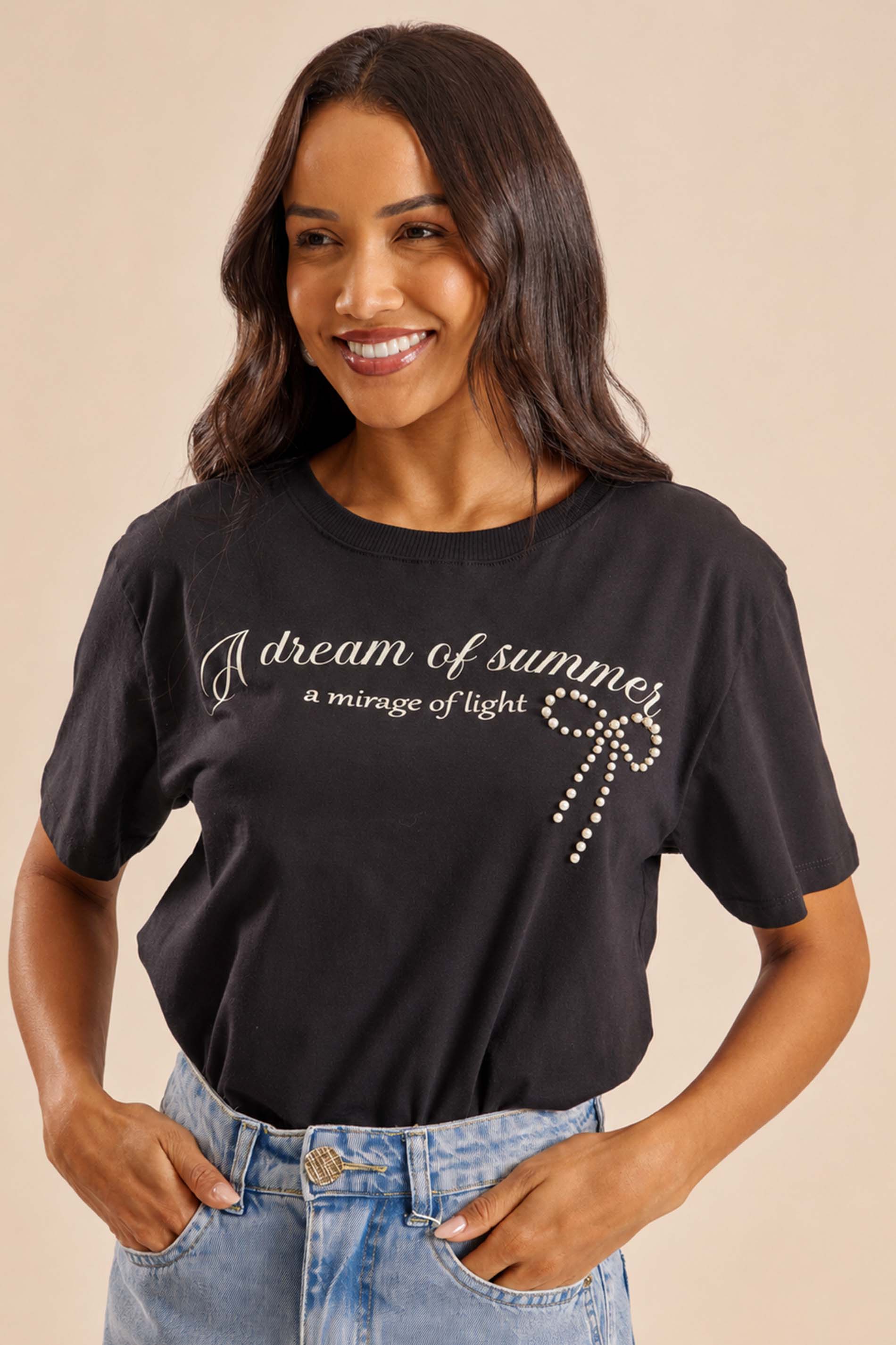T-Shirt Manga Curta Ampla com Bordado Miragem - Doce Trama