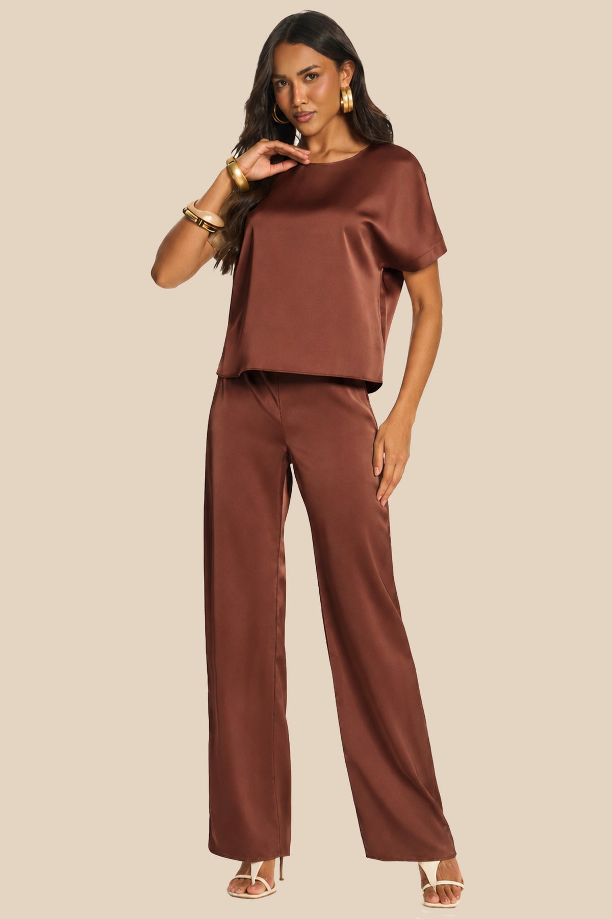 Calça Pantalona em Cetim Cintura Alta Miragem - Doce Trama