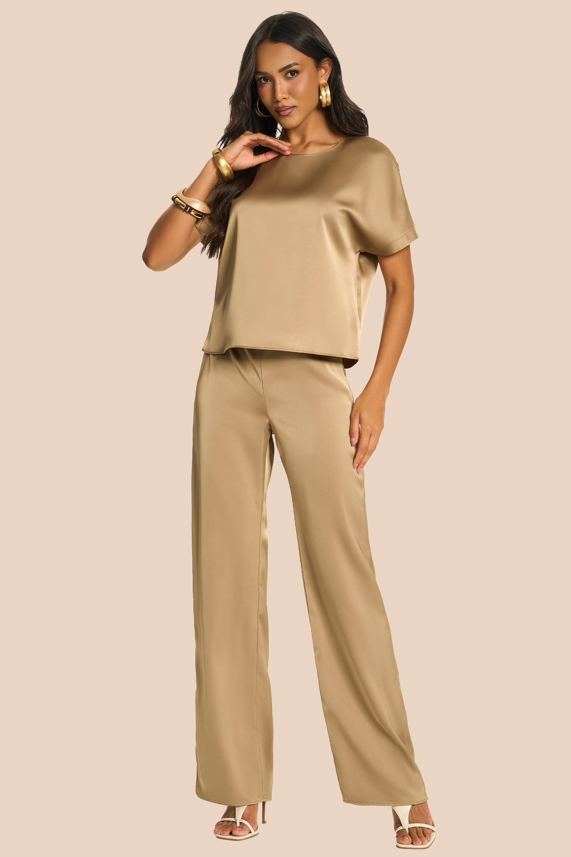 Calça Pantalona em Cetim Cintura Alta Miragem - Doce Trama