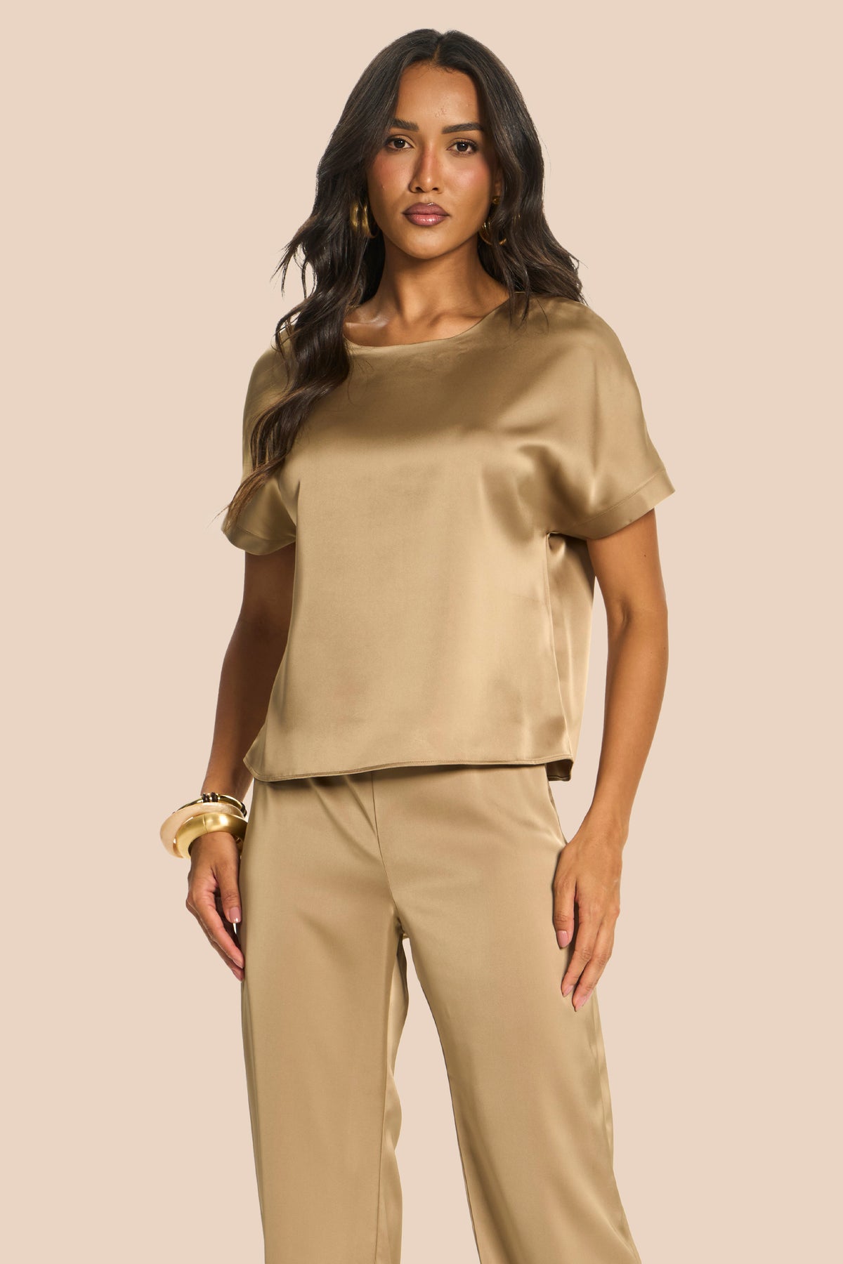 Calça Pantalona em Cetim Cintura Alta Miragem - Doce Trama